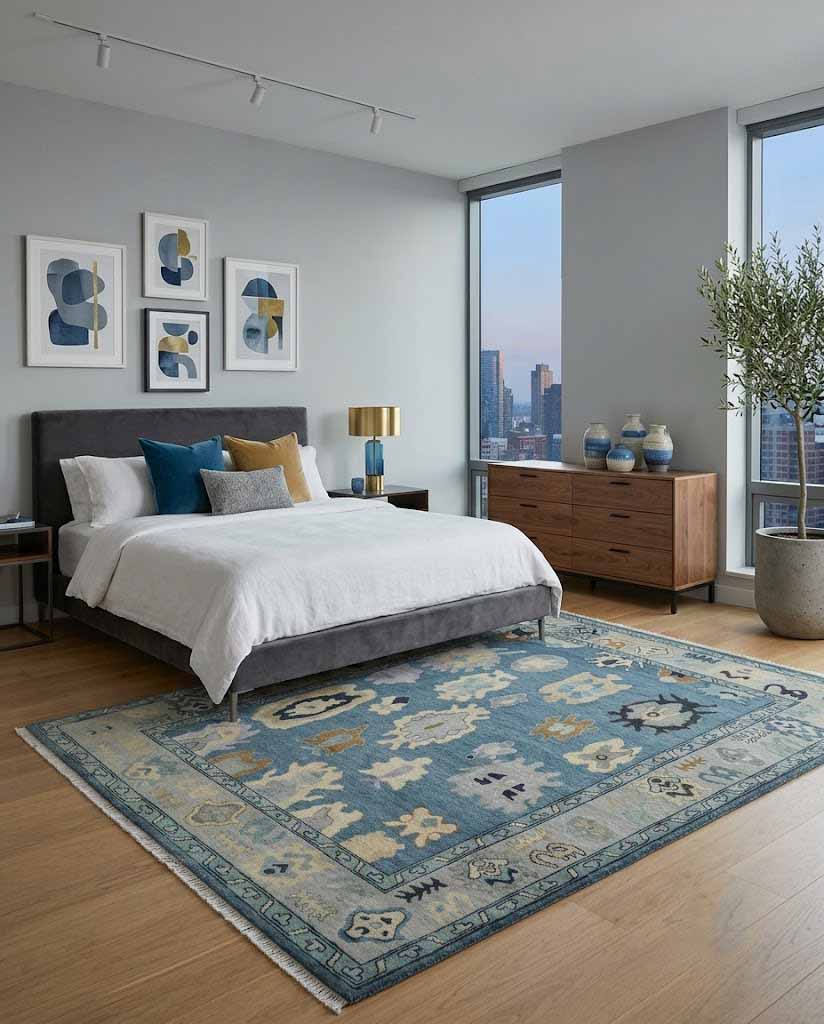 Blue, Silver and Beige Hand knotted Traditional Oushak Multi Size Wool Area Rug