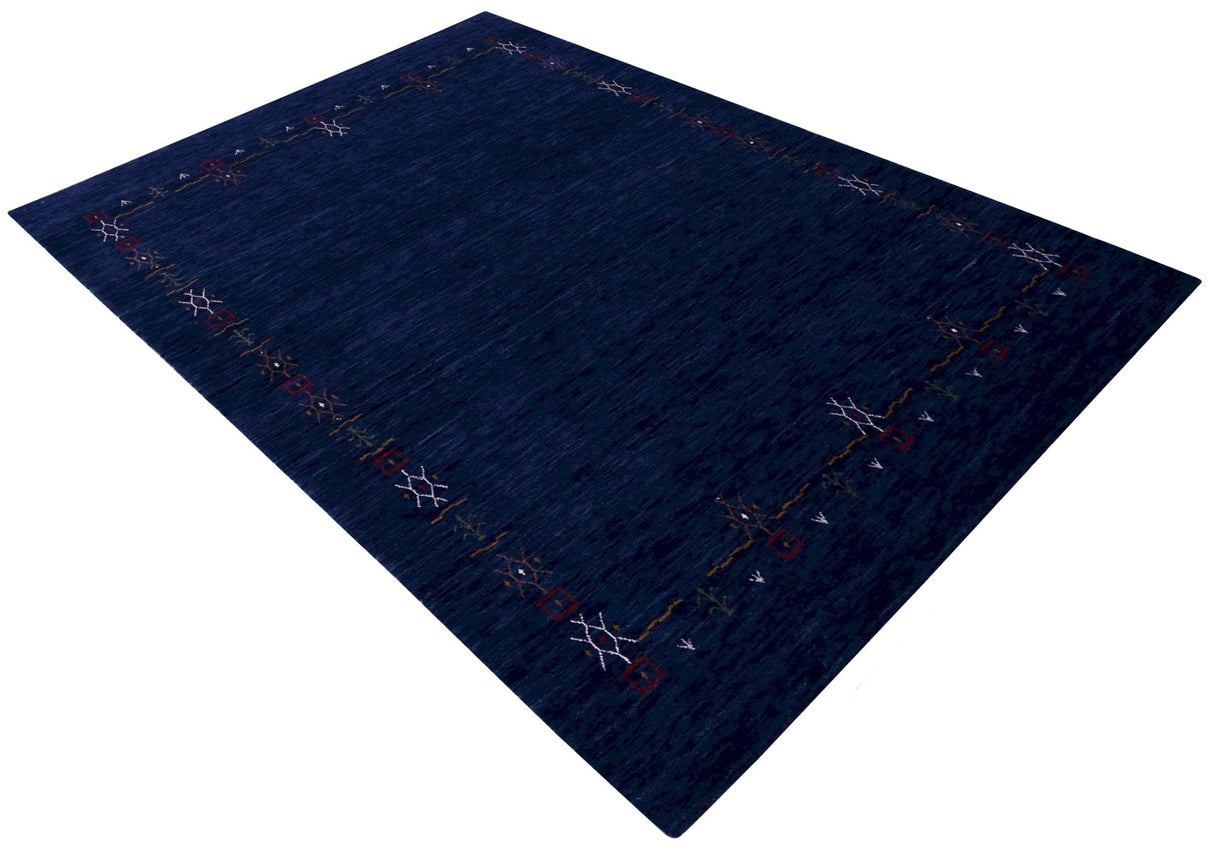 Blue Tribal Border Design Hand Loomed Wool Area Rug
