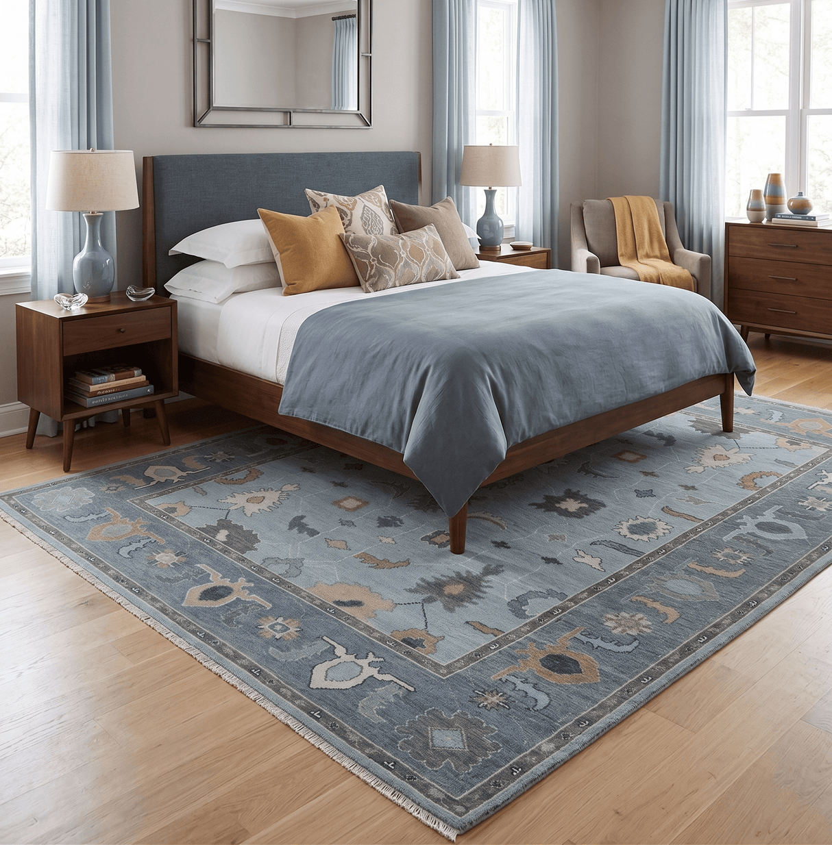 Bluish Gray and Aqua Hand knotted Oriental Oushak Custom Made wool Area Rug