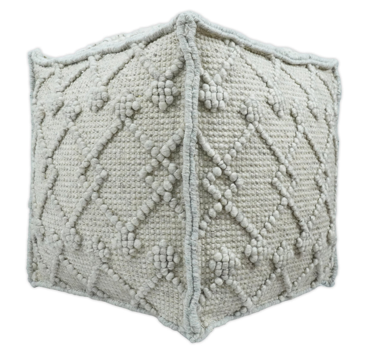 Boho Handwoven Ivory Pouf Ottoman Made with Wool Blend, Tribal Design, Footstool, Couch, Side table | TRD111-Pouf-Parc Decor