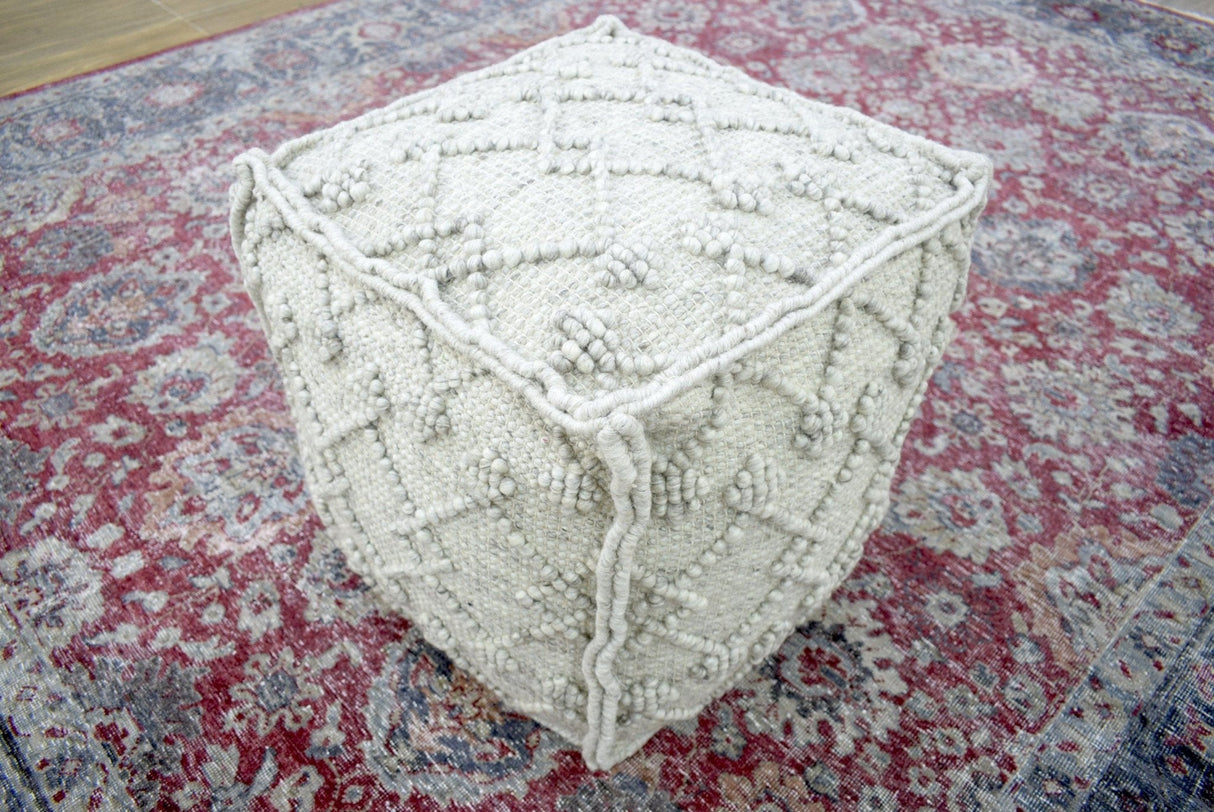 Boho Handwoven Ivory Pouf Ottoman Made with Wool Blend, Tribal Design, Footstool, Couch, Side table | TRD111-Pouf-Parc Decor