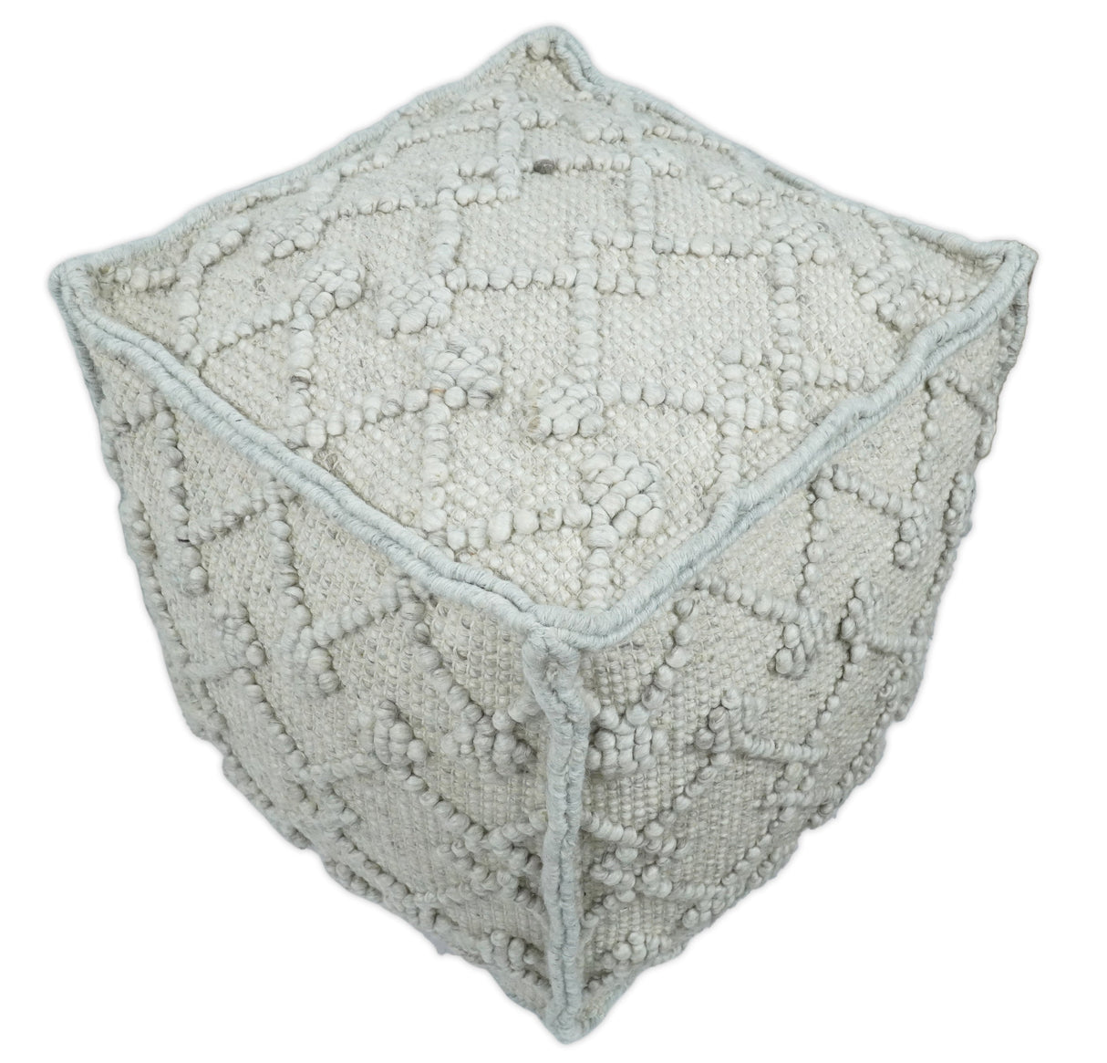 Boho Handwoven Ivory Pouf Ottoman Made with Wool Blend, Tribal Design, Footstool, Couch, Side table | TRD111-Pouf-Parc Decor