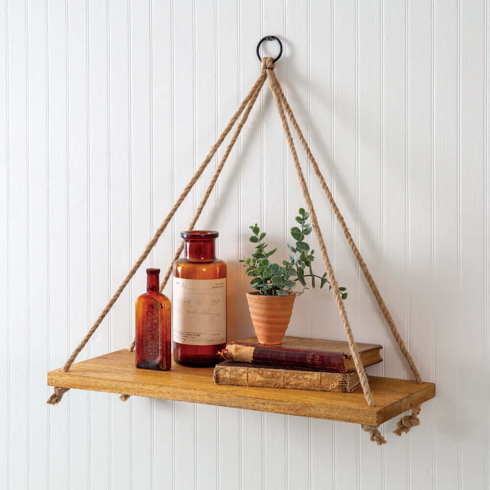 Boho Wooden Hanging Wall Shelf with Rope-Storage-Parc Decor