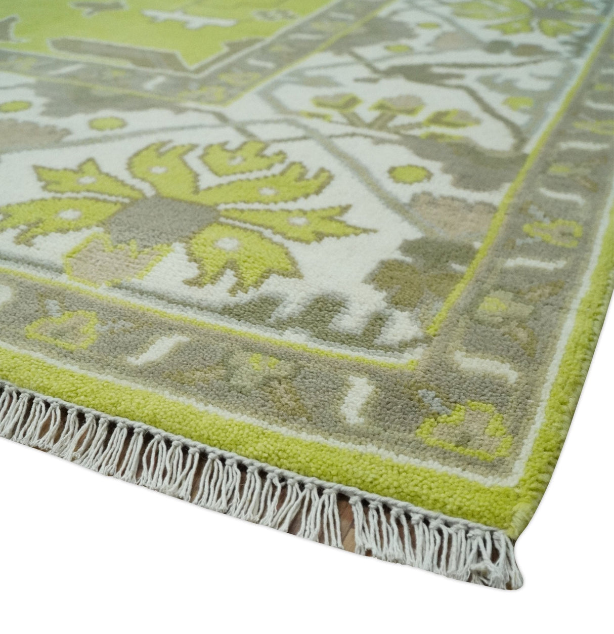 Bright Green and Ivory Hand knotted Oriental Oushak 9x12 wool Area Rug