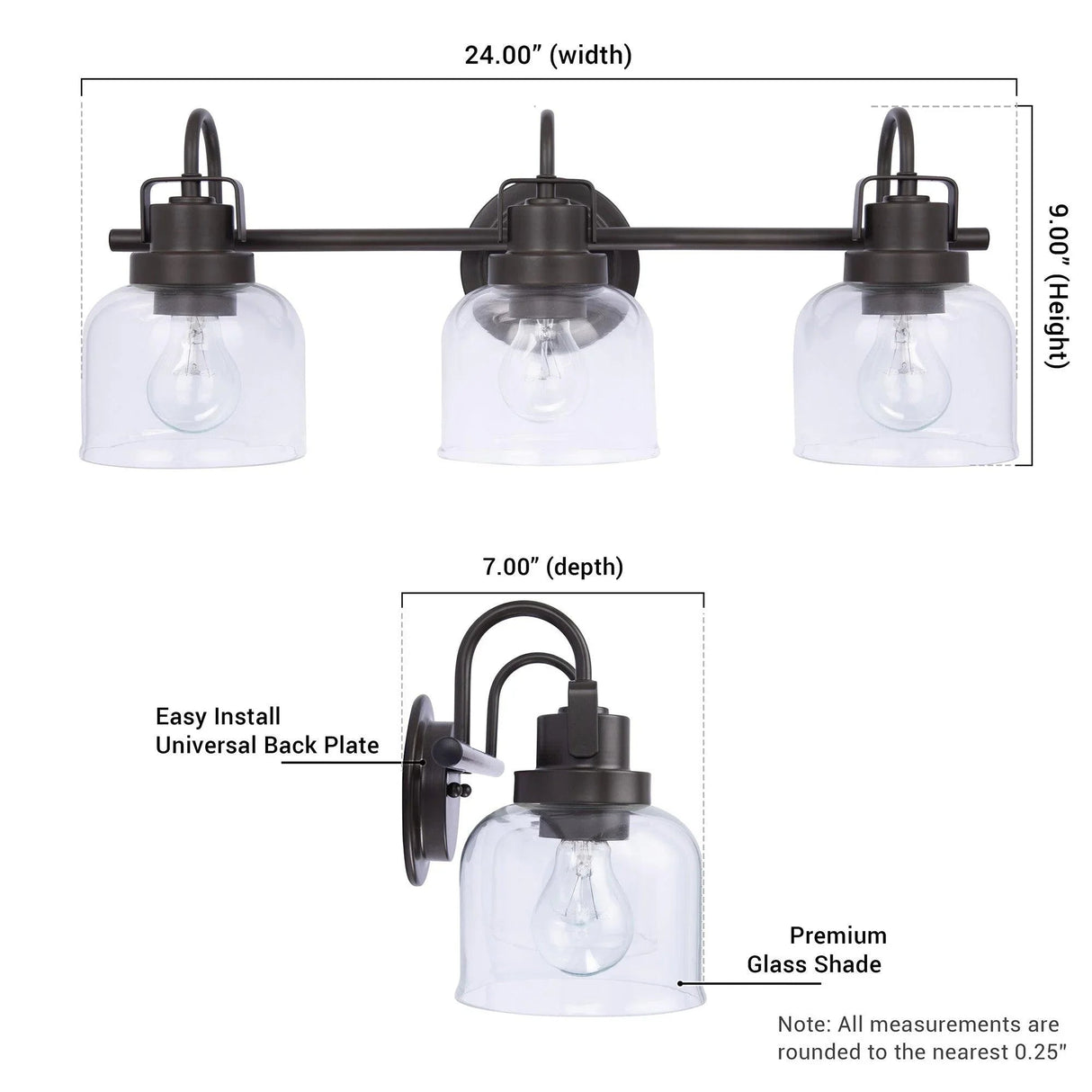 Brighton 3-Light Dark Bronze Dimmable Bathroom Vanity Light
