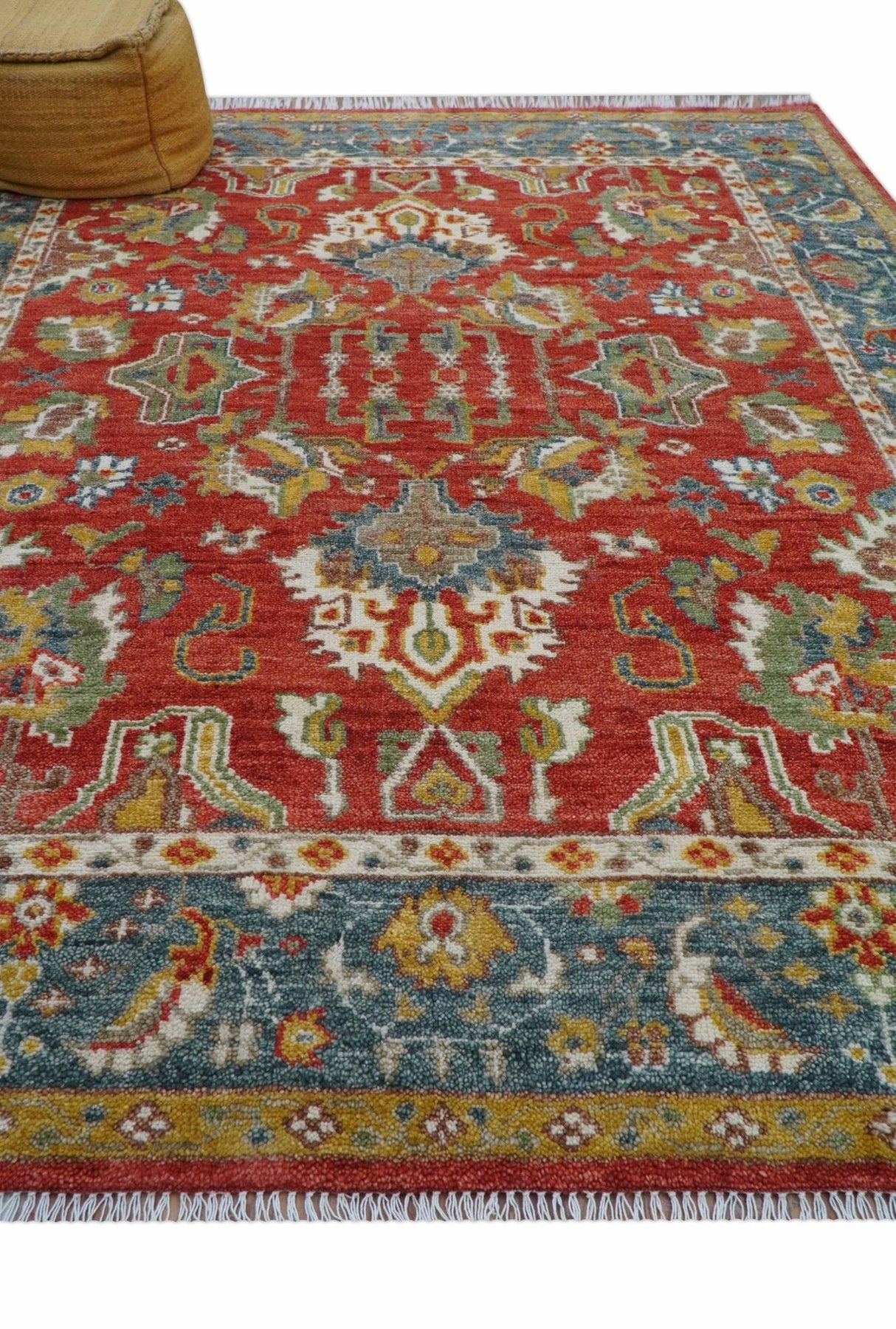 Cali Hand Knotted Turkish Design Rust And Blue Wool Rug