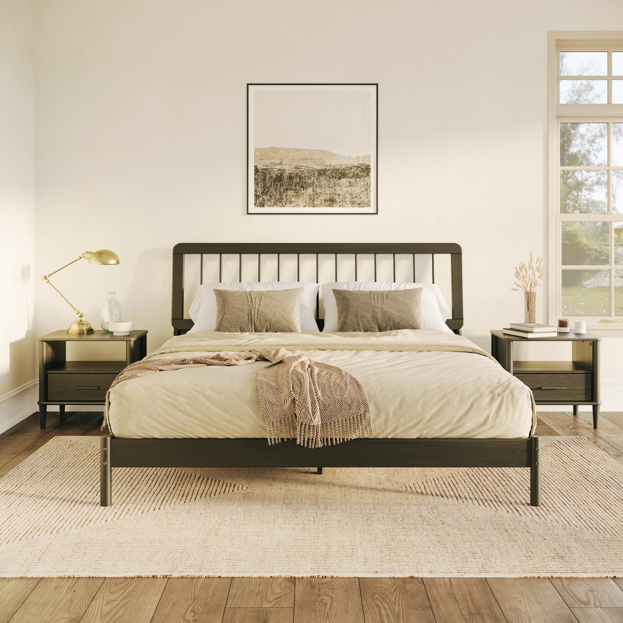 Cama Mid-Century Modern Solid Wood Spindle Bedframe-Bedroom-Parc Decor