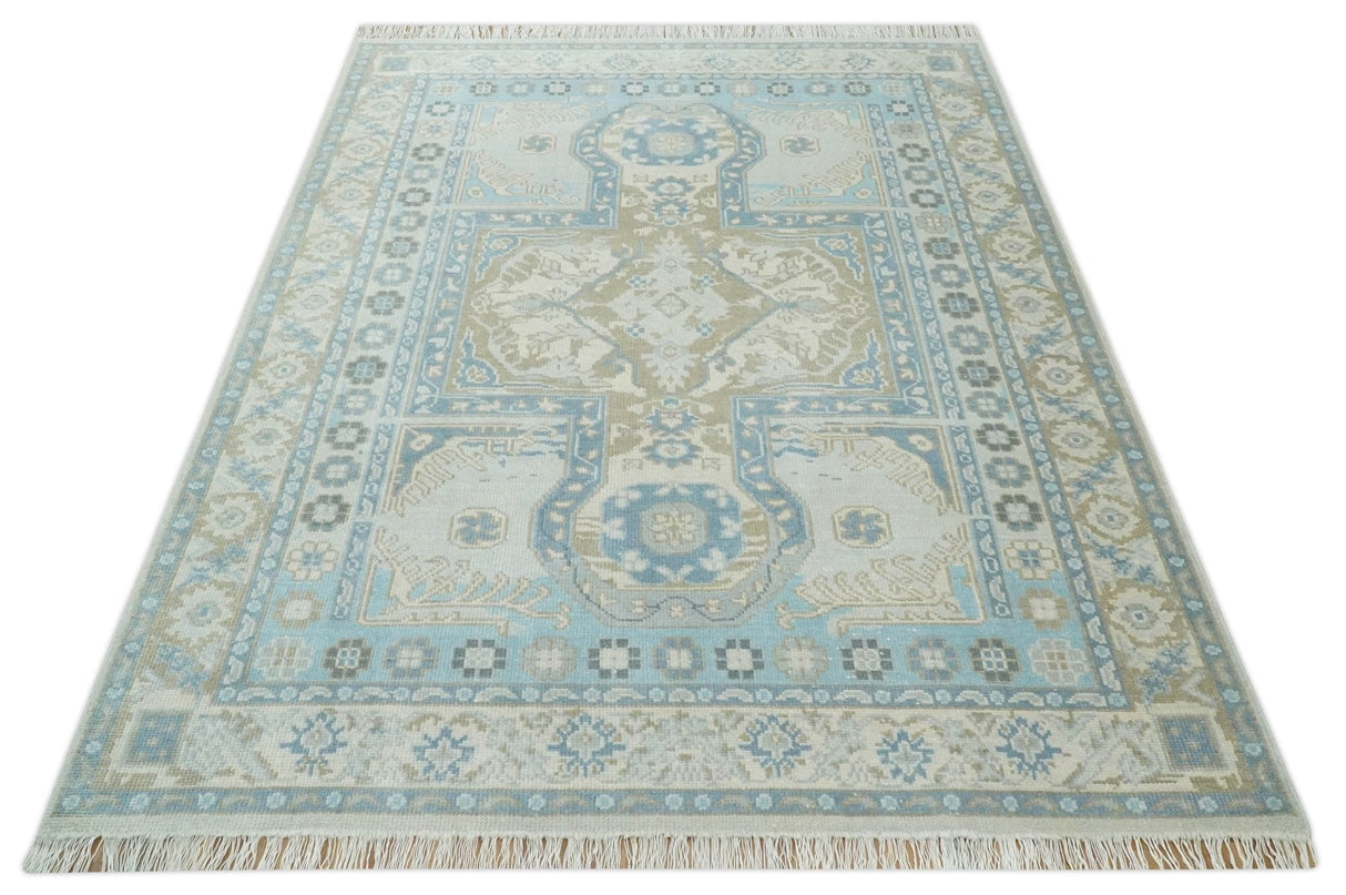 Cappadocia Rug 8x10 Hand Knotted Turkish Blue, Beige and Ivory Traditional Antique Persian Low Pile Area Rug | AC31810
