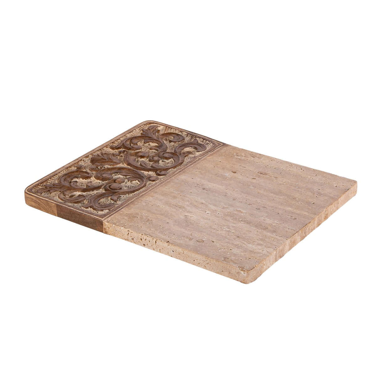 Carved Wood and Marble Cutting Board with Ornate Detail-Serving Tray-Parc Decor