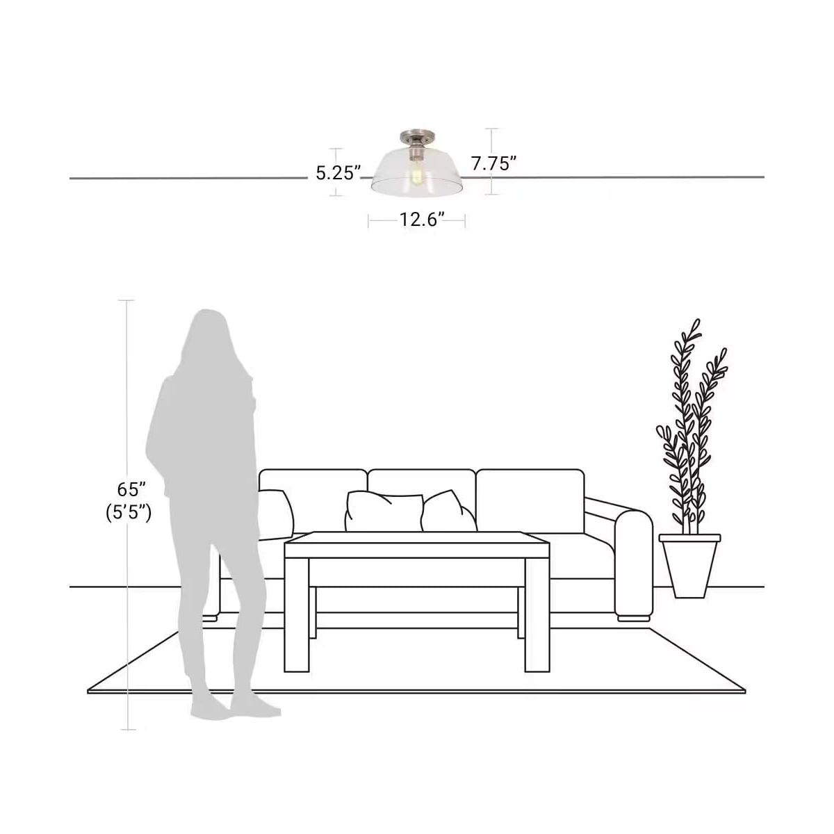 Catalina 13"W 1-Light Semi Flush Mount Vintage Light Fixture Brushed Nickel Finish with Glass Shade