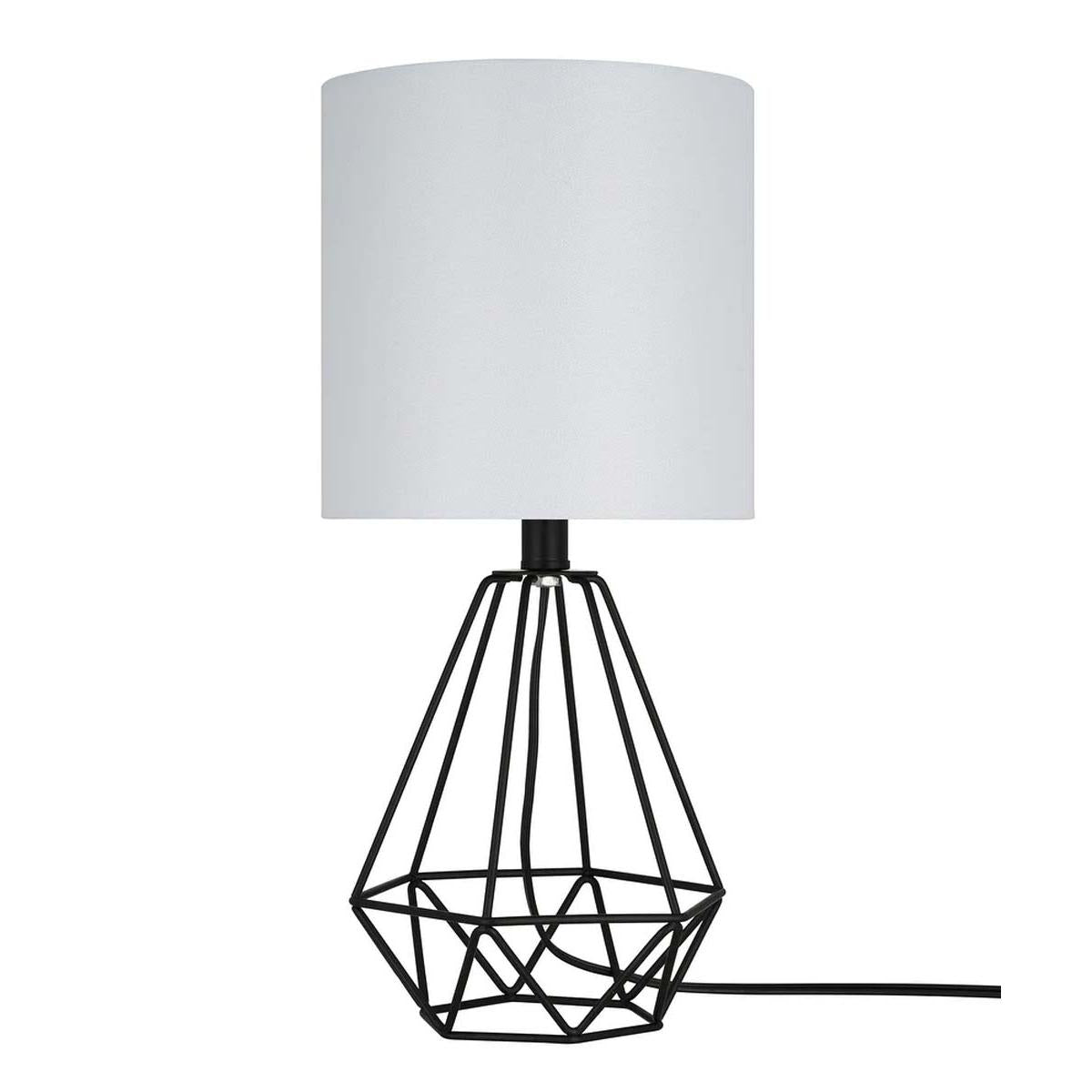 Catalina 18"H Metal Geometric Cage Matte Black Finish Table Lamp with White Linen Drum Shade