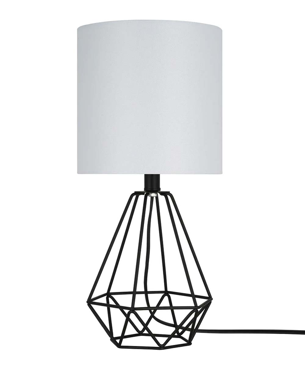 Catalina 18"H Metal Geometric Cage Matte Black Finish Table Lamp with White Linen Drum Shade-Table Lamp-Parc Decor