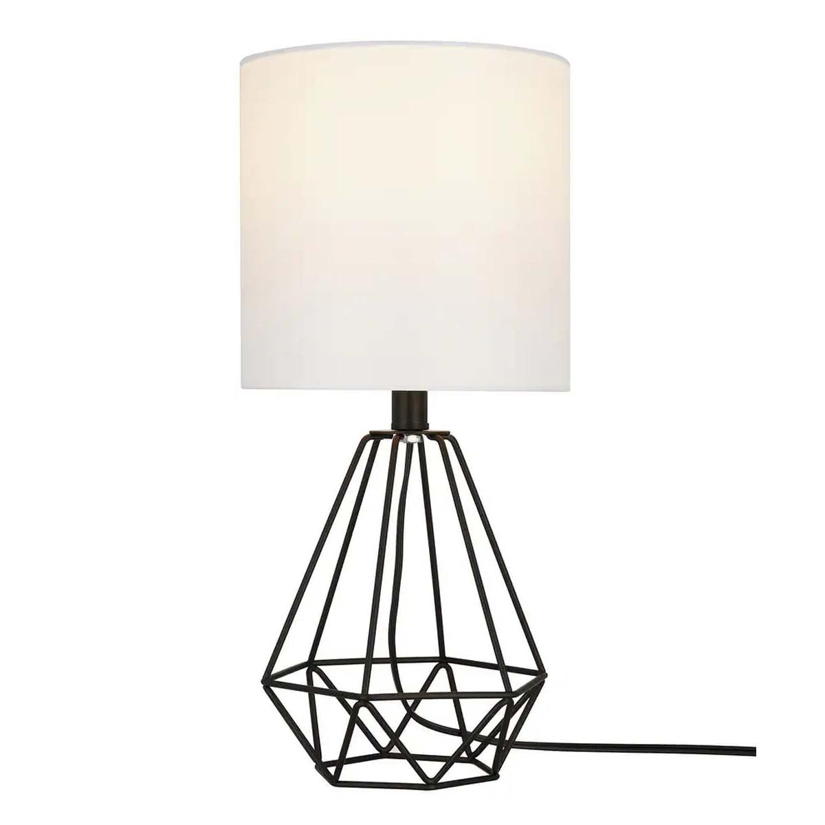 Catalina 18"H Metal Geometric Cage Matte Black Finish Table Lamp with White Linen Drum Shade