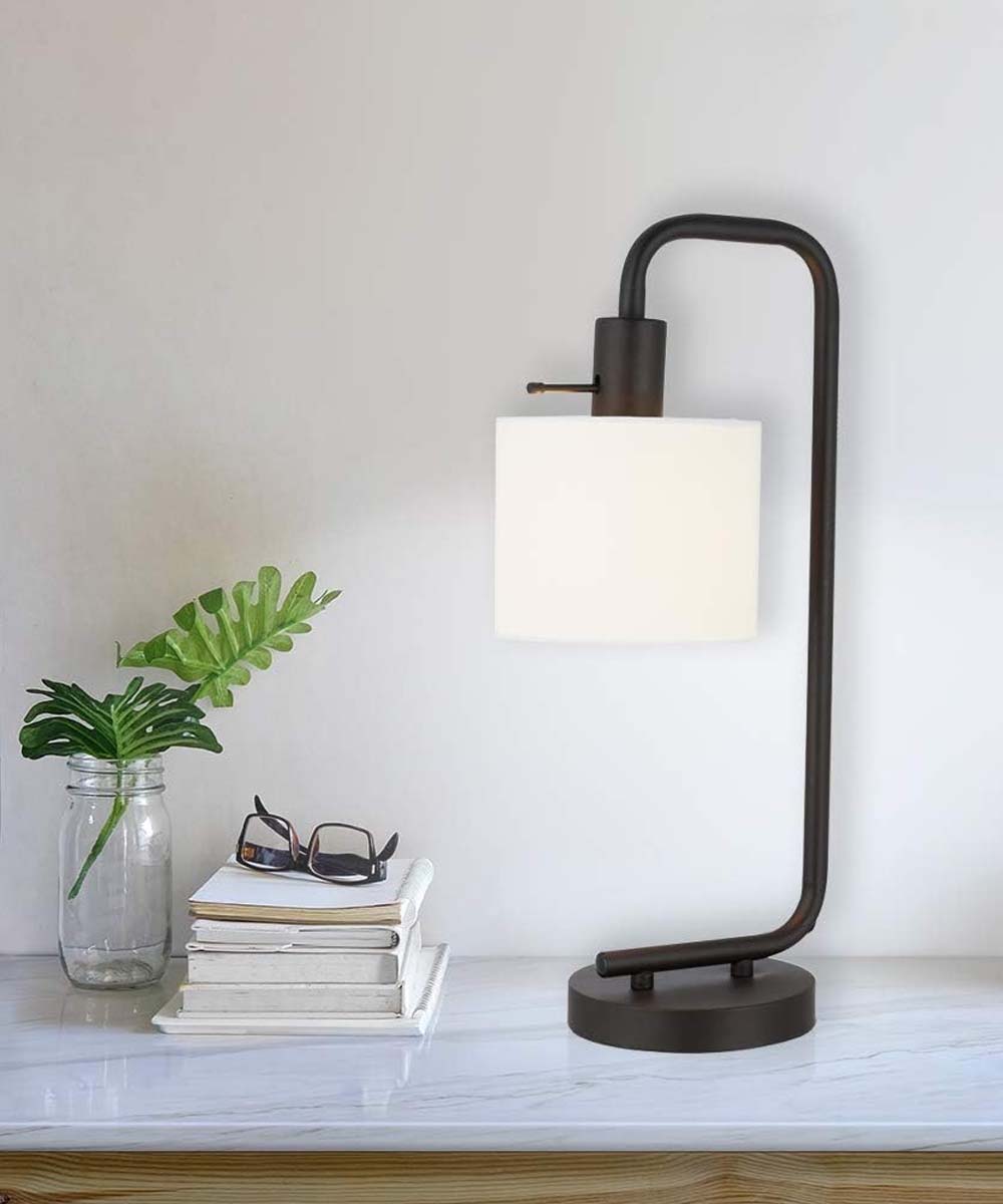 Catalina 19"H 1-Light Down Bridge Oil Rubbed Bronze Finish Table Lamp with White Linen Drum Shade-Table Lamp-Parc Decor