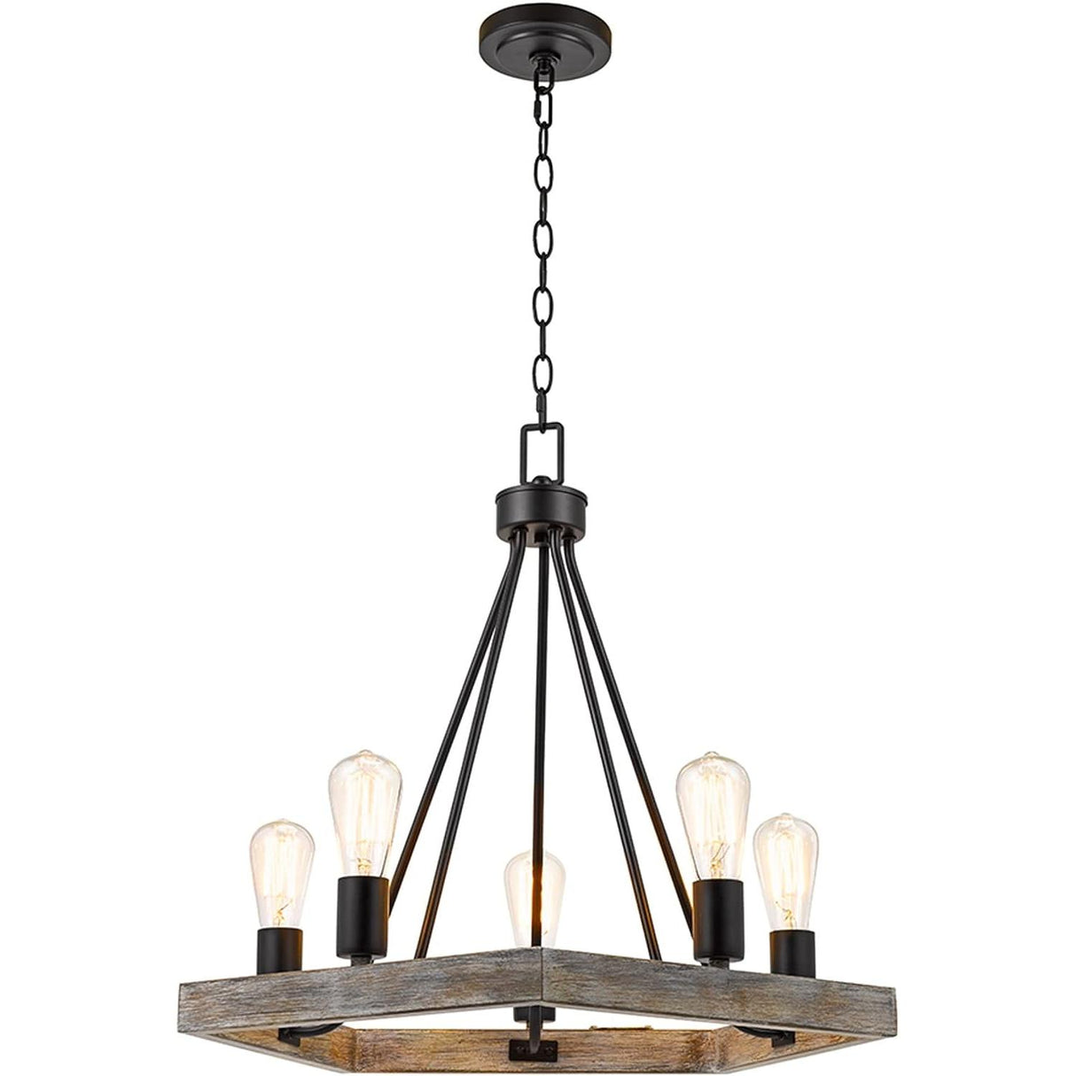 Catalina 24"W 5-Light Country Rustic Pentagon Tray Chandelier, Faux Wood Finish with Matte Black Accents