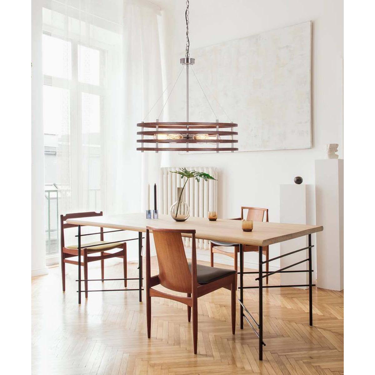 Catalina 24"W 6-Light Polished Nickel Drum Modern Pendant Mahogany Wood Finish Shade