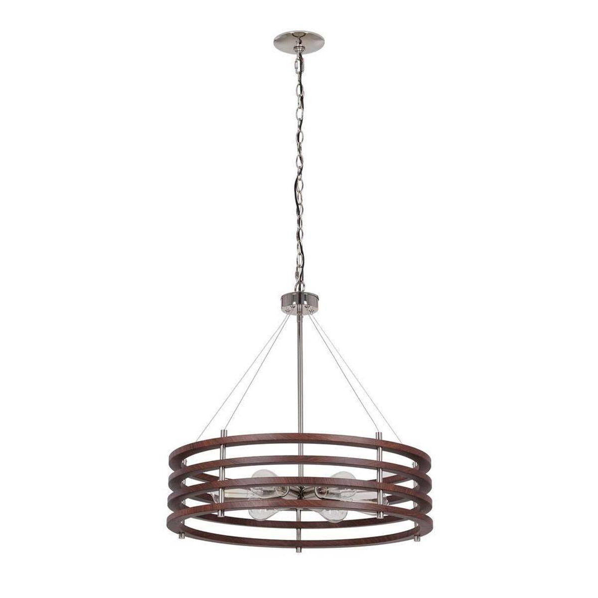 Catalina 24"W 6-Light Polished Nickel Drum Modern Pendant Mahogany Wood Finish Shade