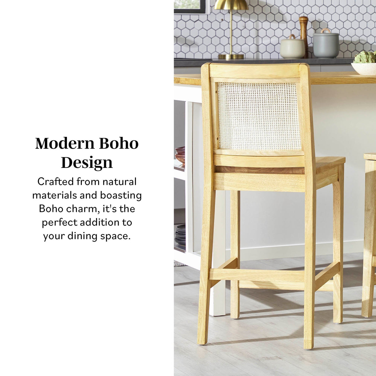 Catalina Solid Wood Bar Stool with Rattan Back Insert, Set of 2-Dining / Kitchen-Parc Decor