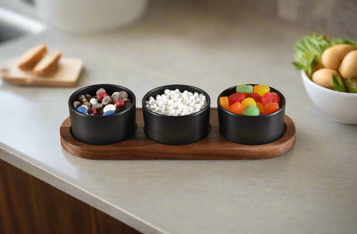 Ceramic Condiment Set on Acacia Wood Base