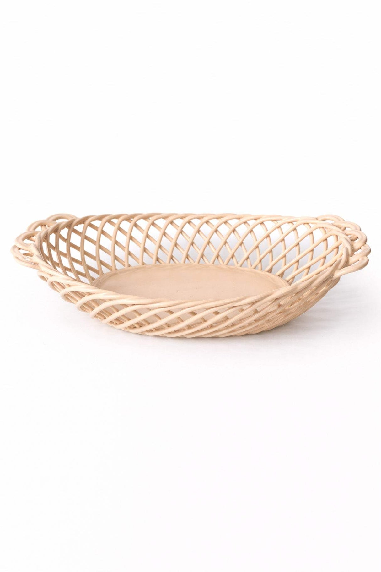 Ceramic Oval Basket – Hand-Woven Dish in White, Beige & Pink Glazed Porcelain