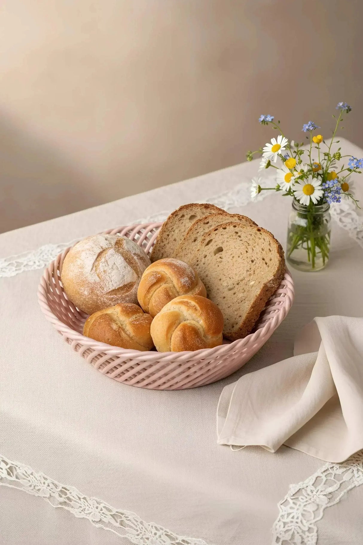 Ceramic Round Hand-Woven Basket – White, Beige & Pink Glazed Porcelain