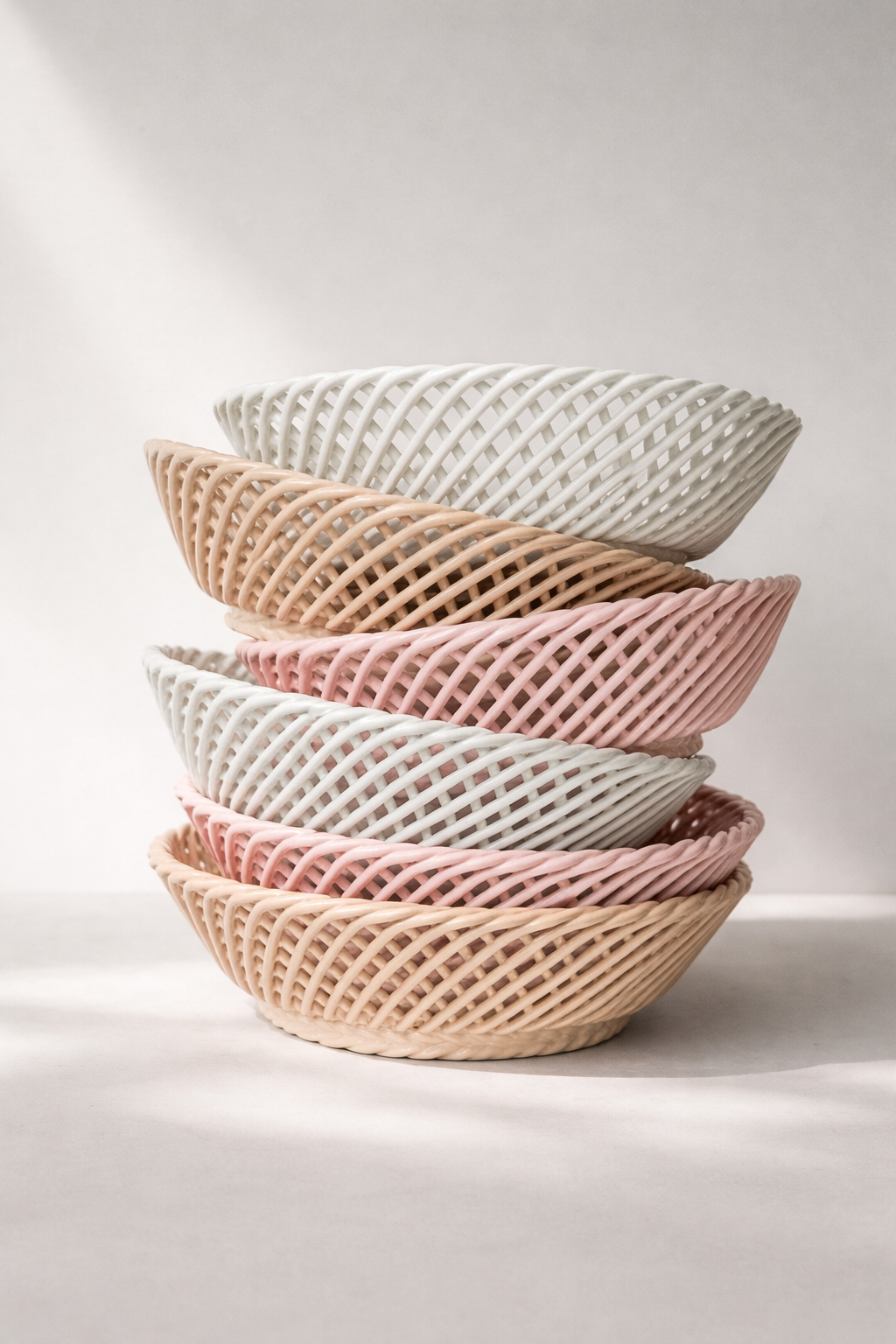 Ceramic Round Hand-Woven Basket – White, Beige & Pink Glazed Porcelain
