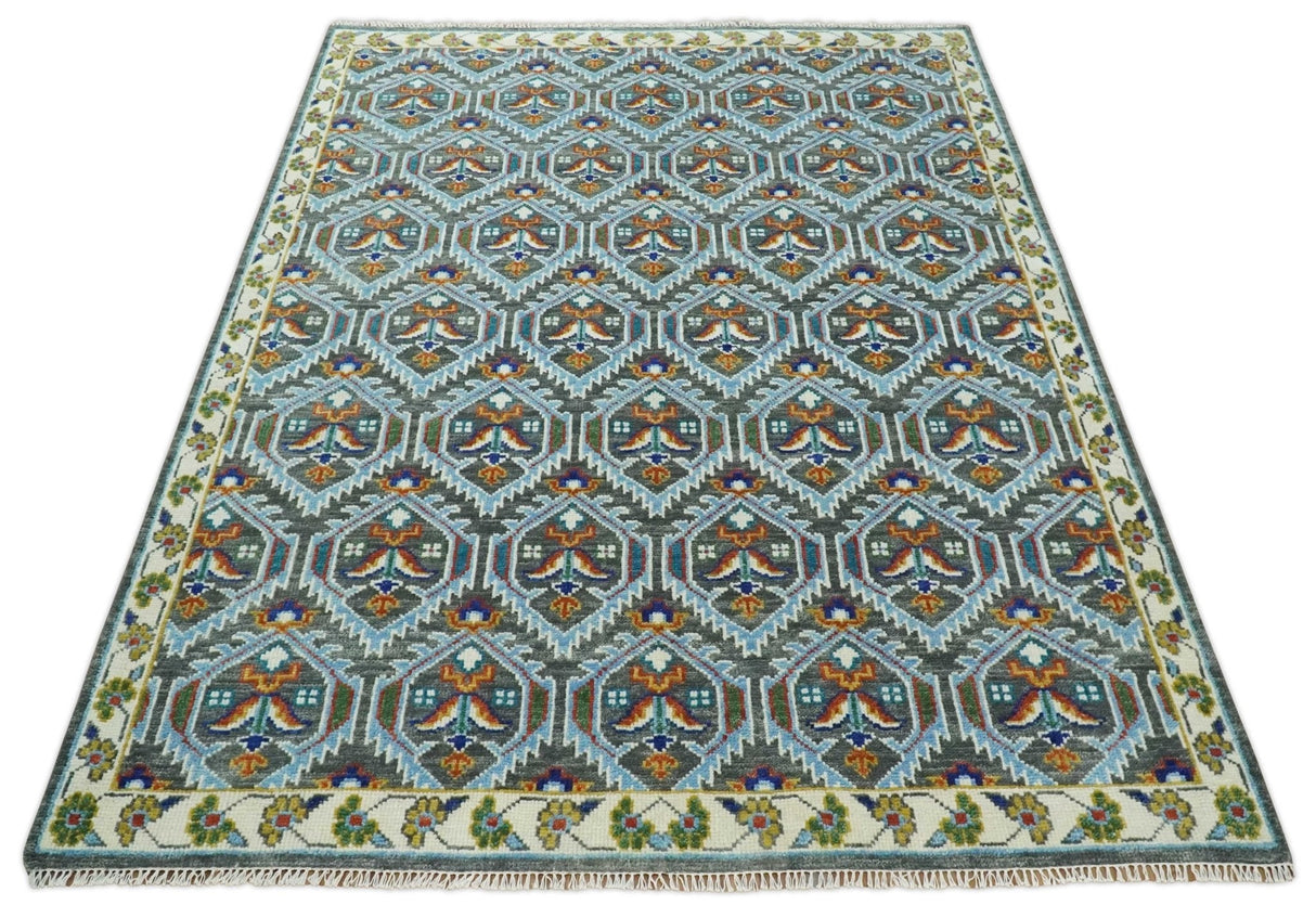 Charcoal And Blue Traditional Hand Knotted Multi Size Wool area Rug