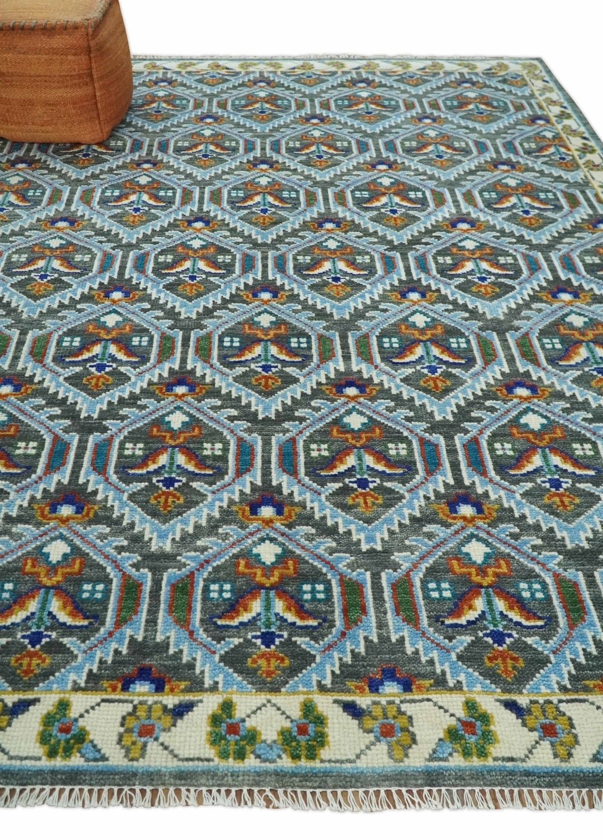 Charcoal And Blue Traditional Hand Knotted Multi Size Wool area Rug