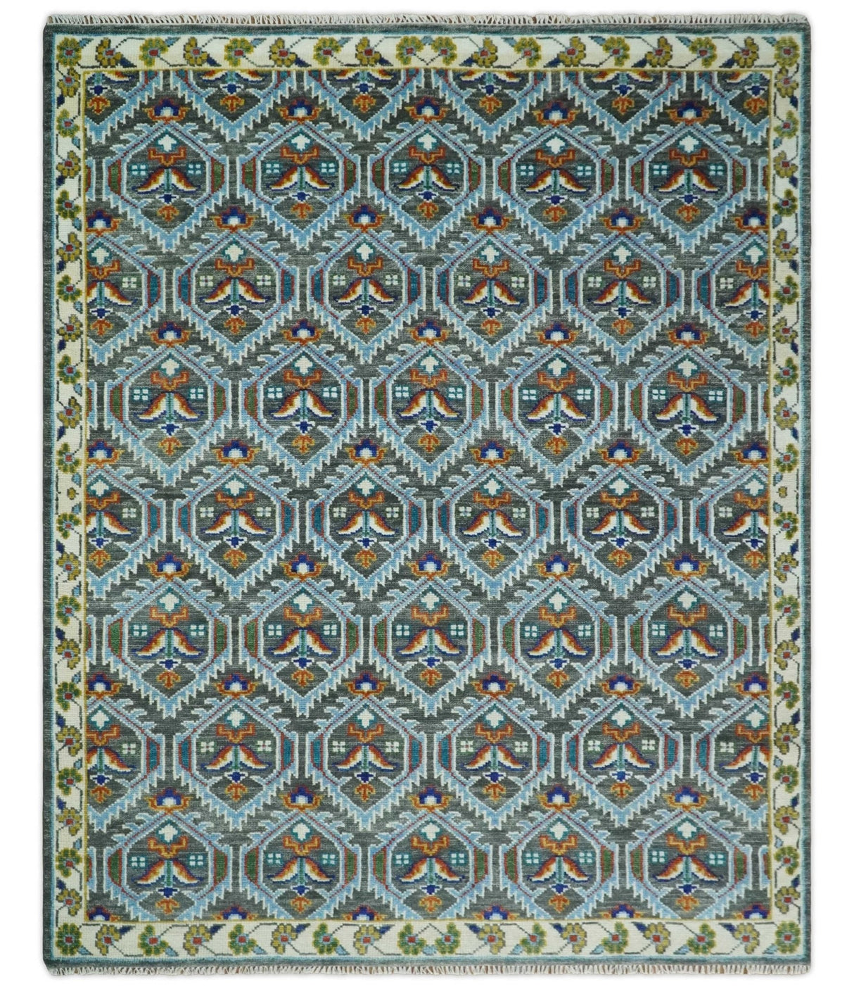 Charcoal And Blue Traditional Hand Knotted Multi Size Wool area Rug