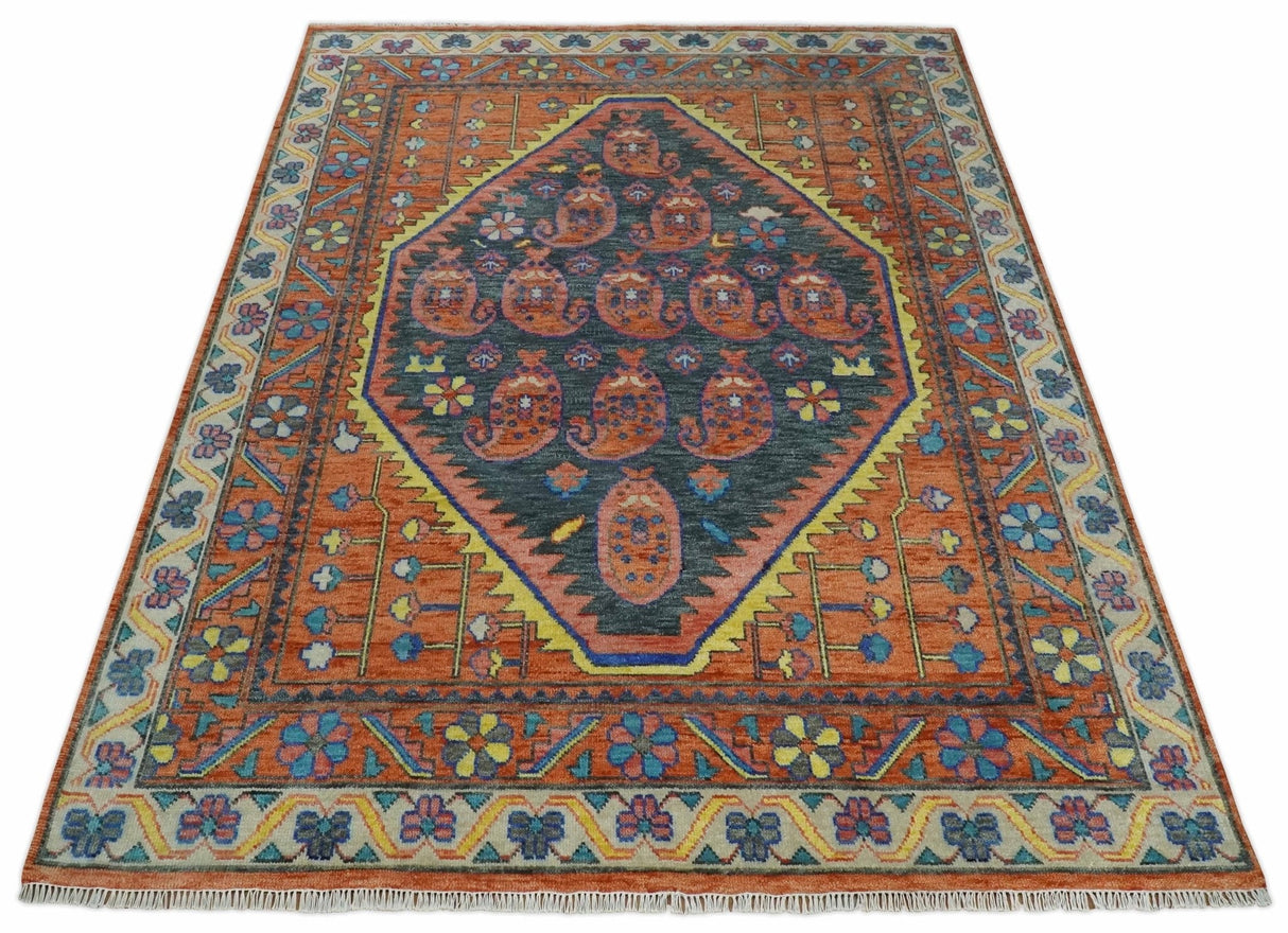 Charcoal And Rust Traditional Design Heriz Hand Knotted wool Area Rug