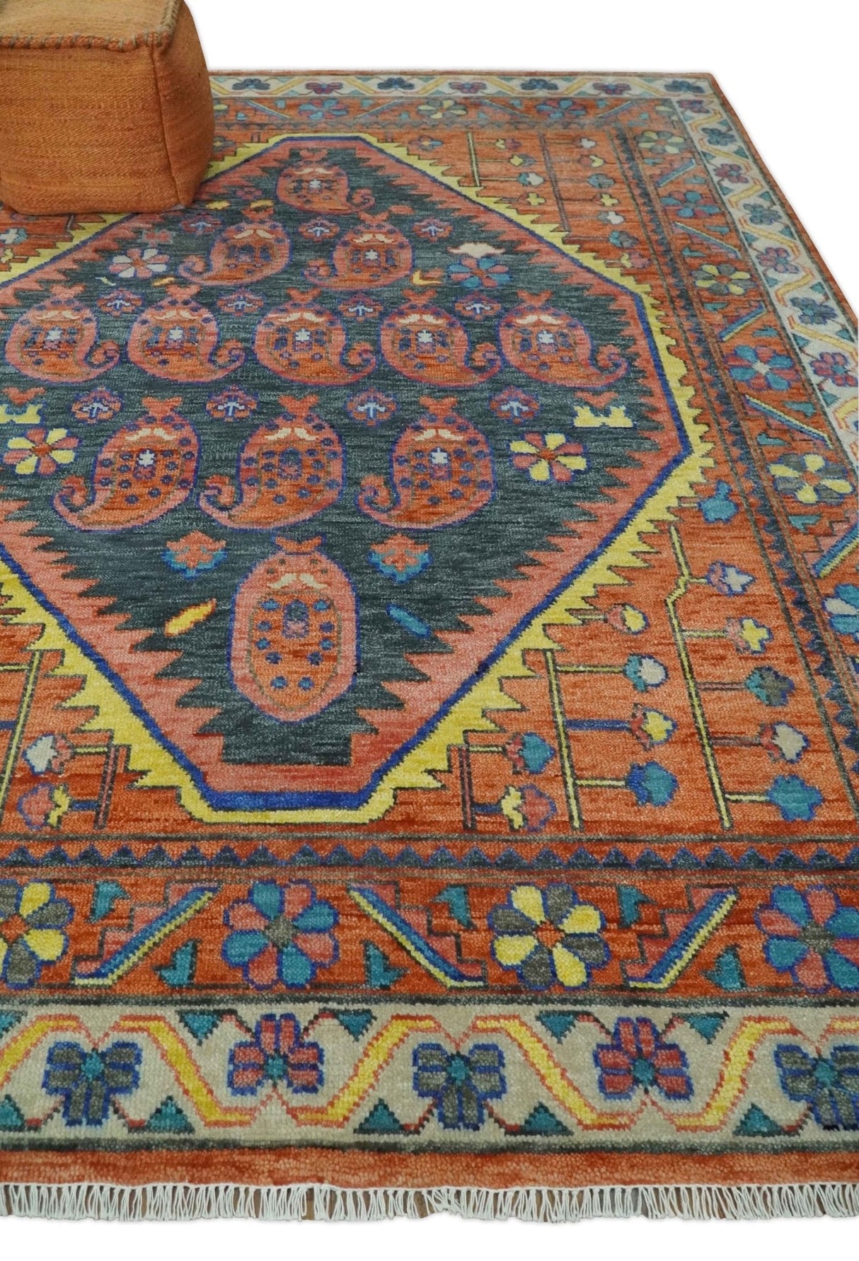 Charcoal And Rust Traditional Design Heriz Hand Knotted wool Area Rug