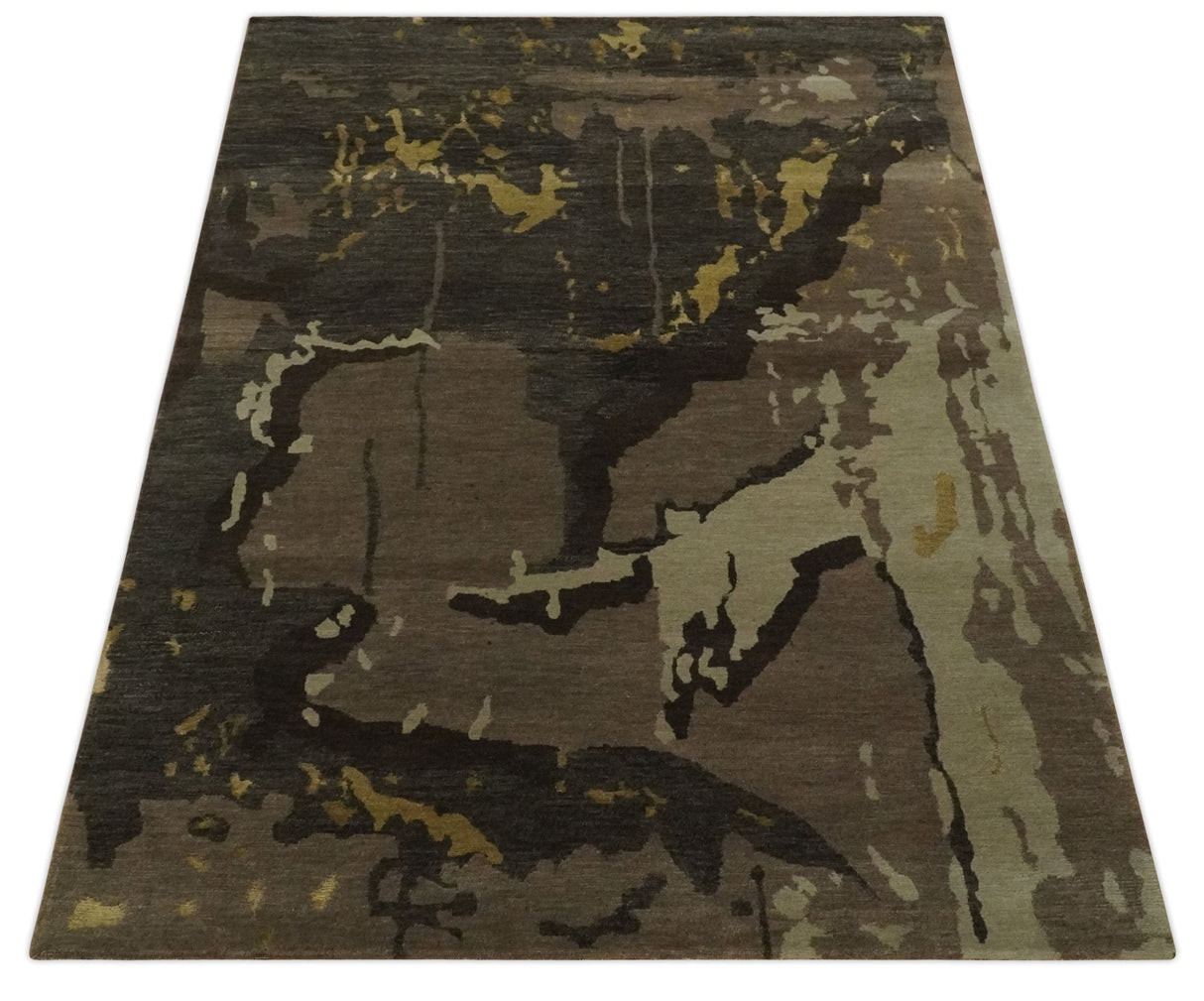 Charcoal, Brown, Beige and Olive Modern Abstract Hand loom 5x6.6 Wool And Art Silk Area Rug-Area Rug-Parc Decor