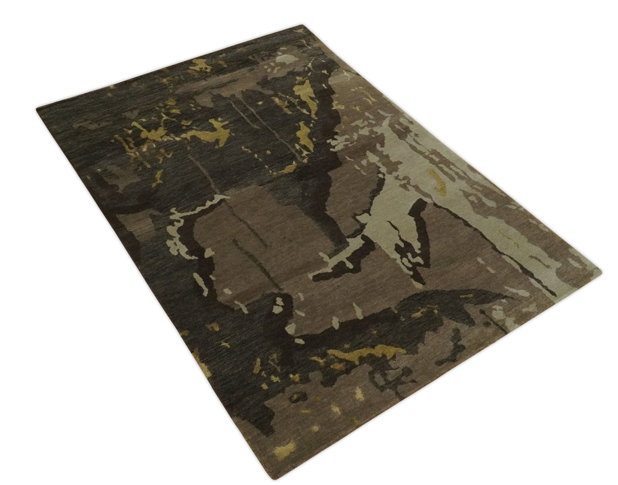 Charcoal, Brown, Beige and Olive Modern Abstract Hand loom 5x6.6 Wool And Art Silk Area Rug-Area Rug-Parc Decor