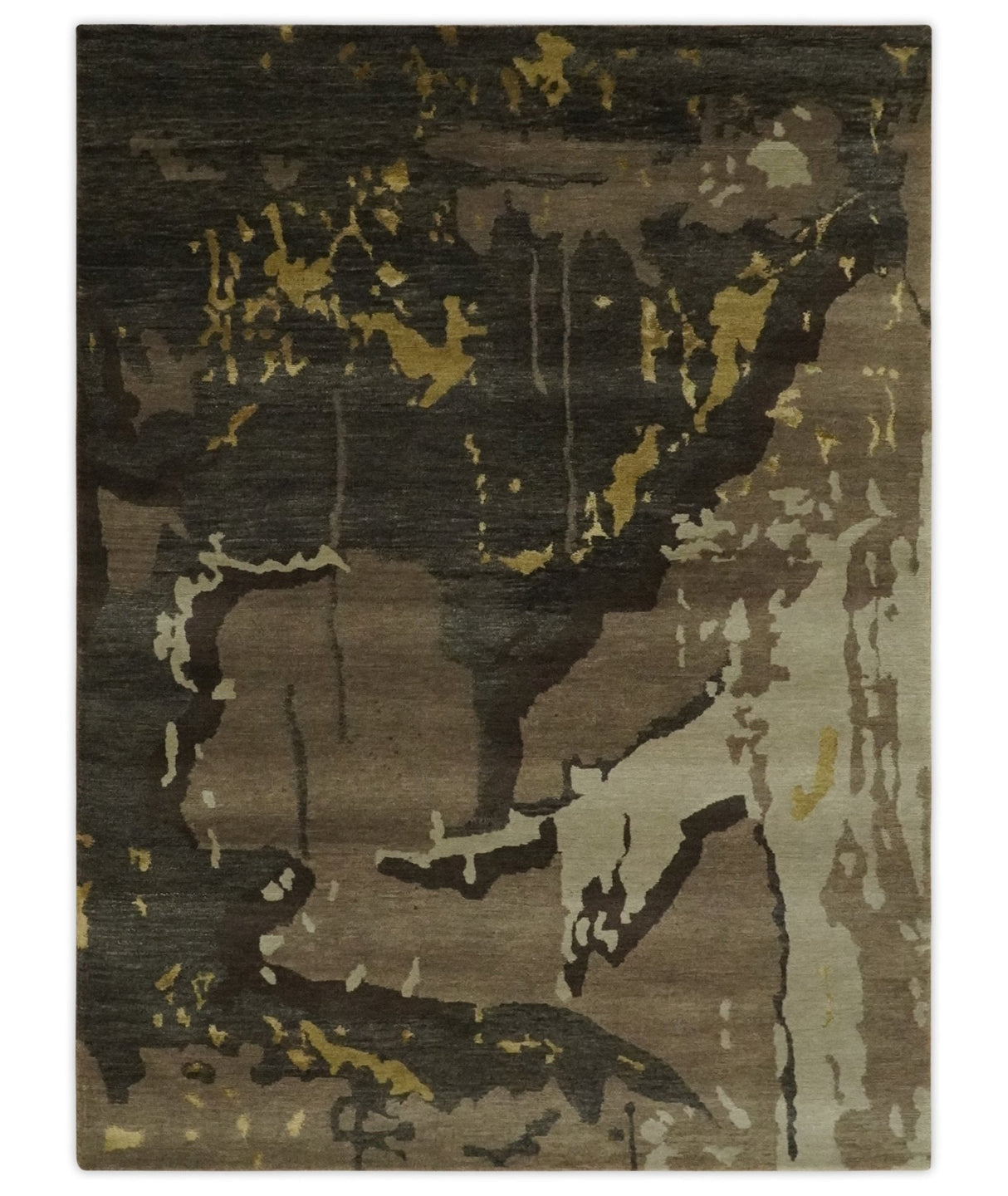Charcoal, Brown, Beige and Olive Modern Abstract Hand loom 5x6.6 Wool And Art Silk Area Rug-Area Rug-Parc Decor