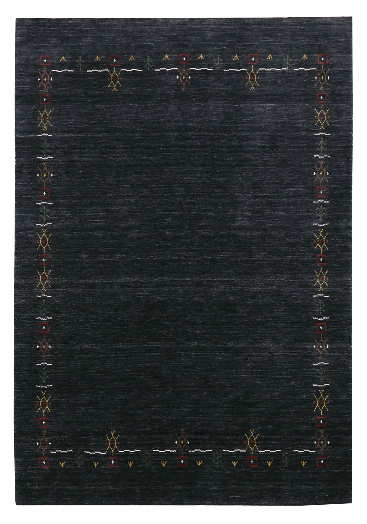 Charcoal Tribal Design Border Hand Loomed Wool Area Rug