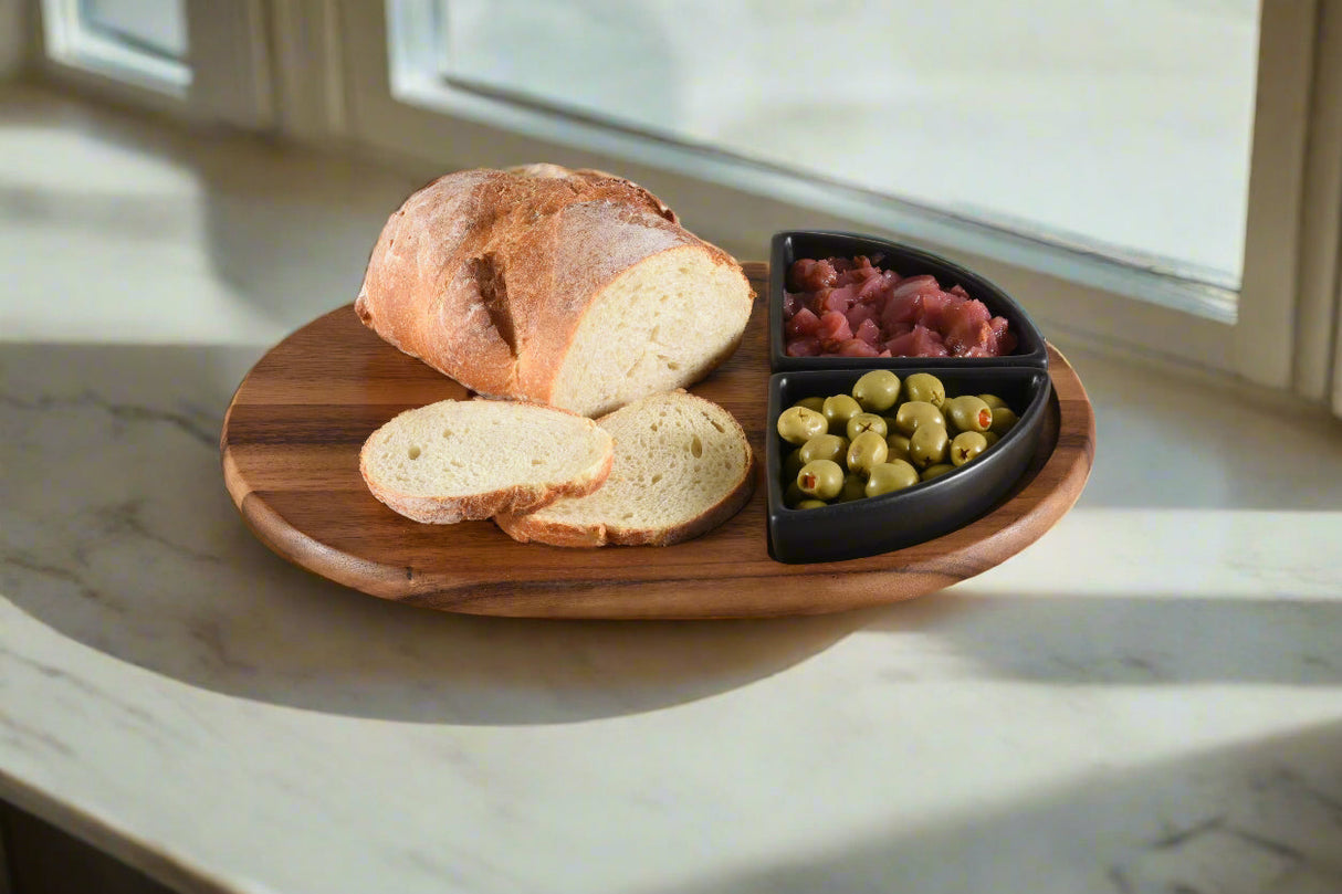 Charcuterie/ Serving Tray w/ 2 black triangular ceramic bowls-Serving Tray-Parc Decor