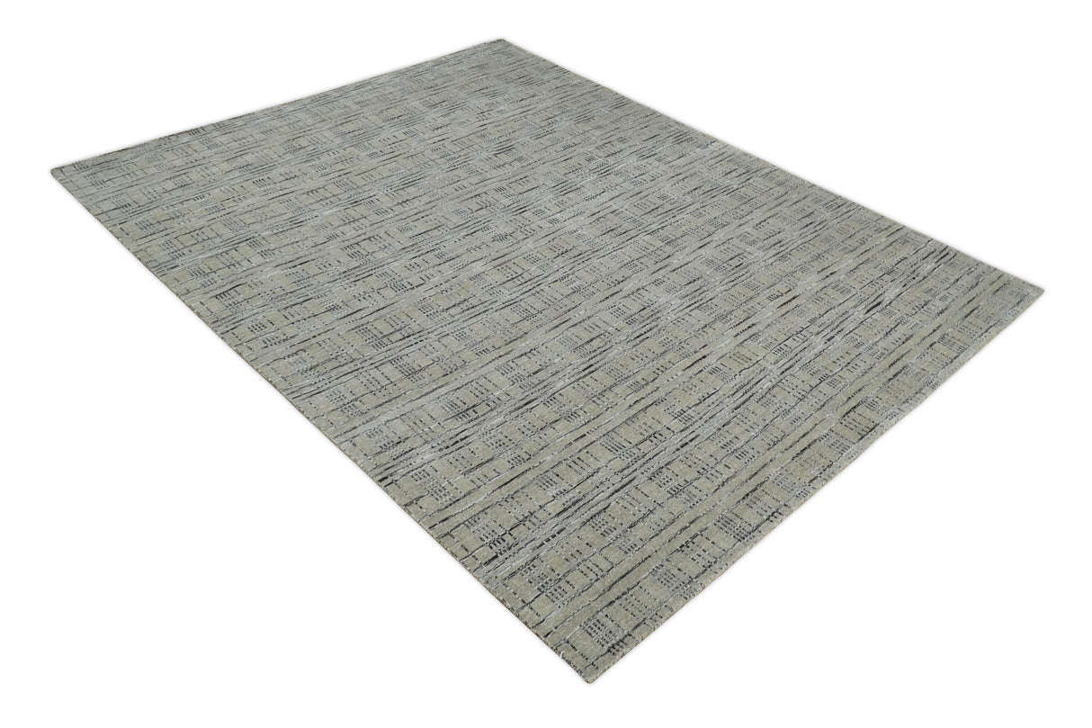 Checkered 8x10 Hand Made Black and Beige Blended Wool Area Rug