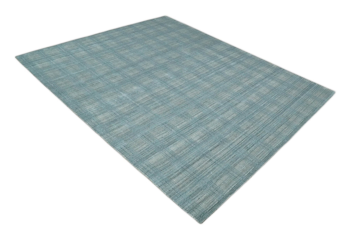Checkered Blue and Gray 8x10 Hand Made Blended Wool Flatwoven Area Rug