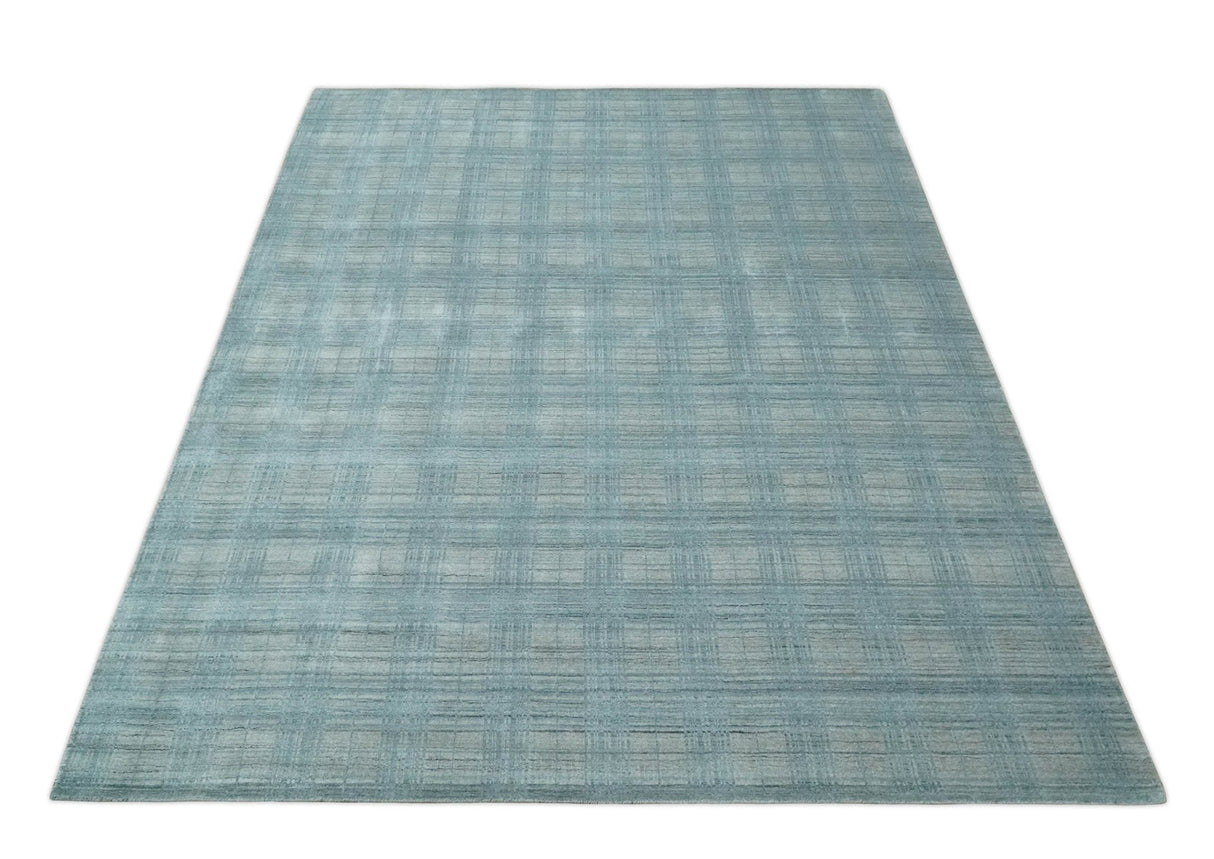 Checkered Blue and Gray 8x10 Hand Made Blended Wool Flatwoven Area Rug