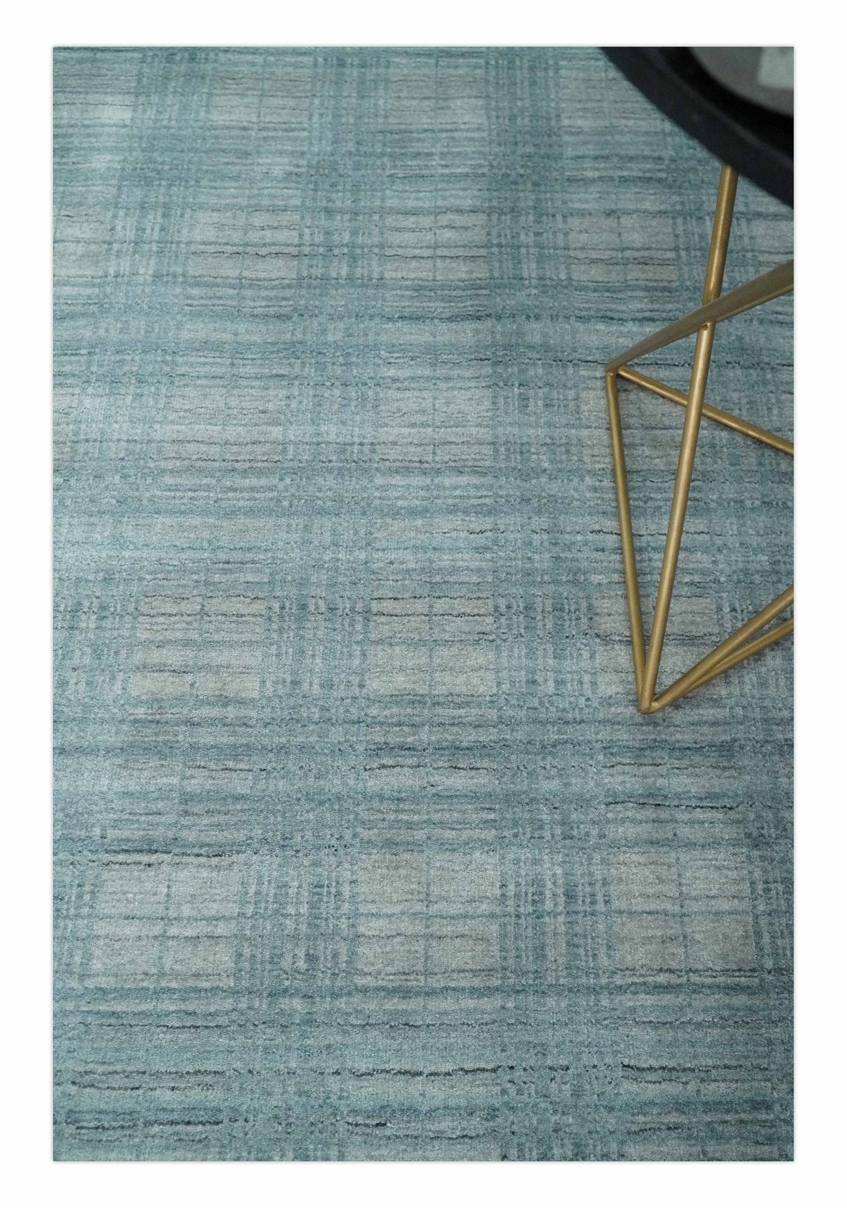 Checkered Blue and Gray 8x10 Hand Made Blended Wool Flatwoven Area Rug