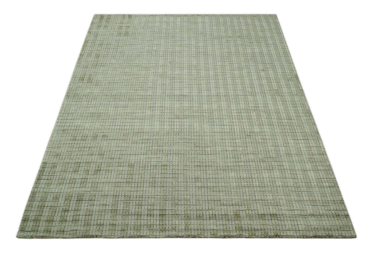 Checkered Olive Green & Beige 8x10 Hand Made Blended Wool Flatwoven Area Rug