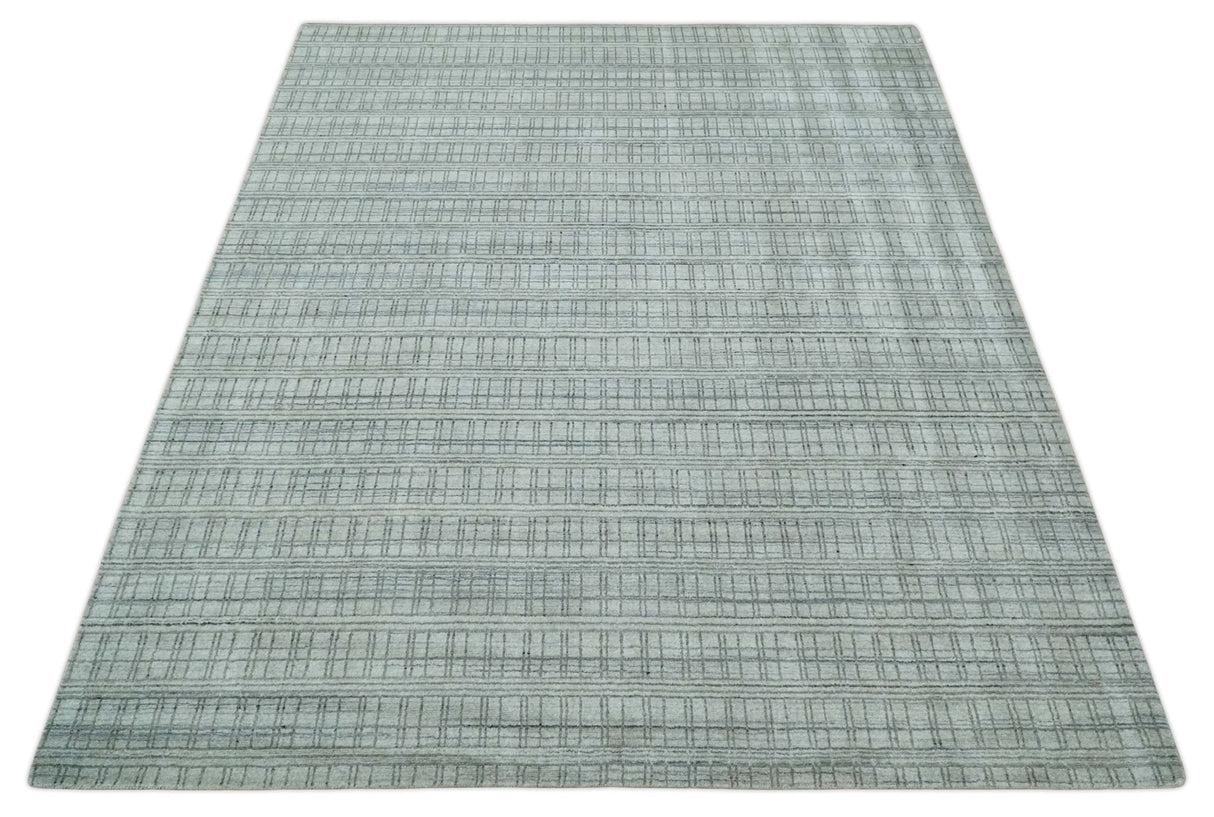 Checkered Silver, Brown and Gray 8x10 Hand Made Blended Wool Area Rug