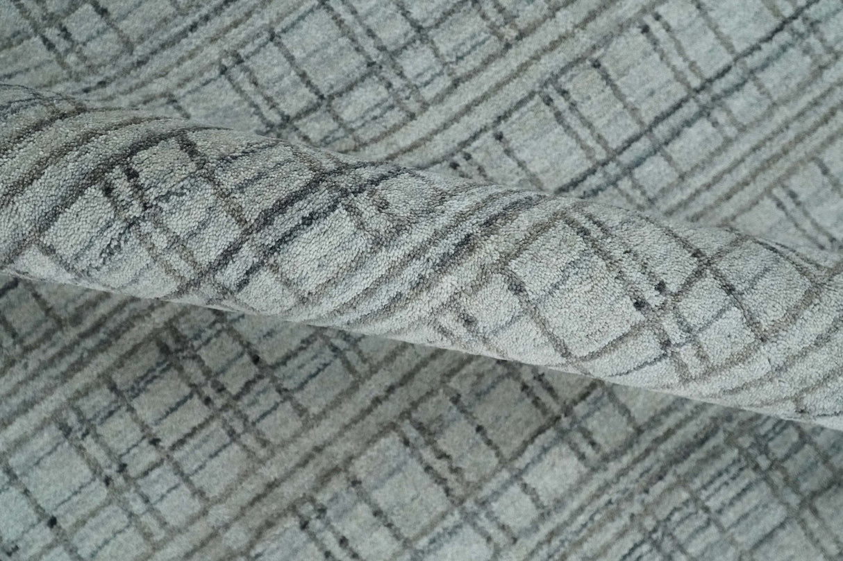 Checkered Silver, Brown and Gray 8x10 Hand Made Blended Wool Area Rug