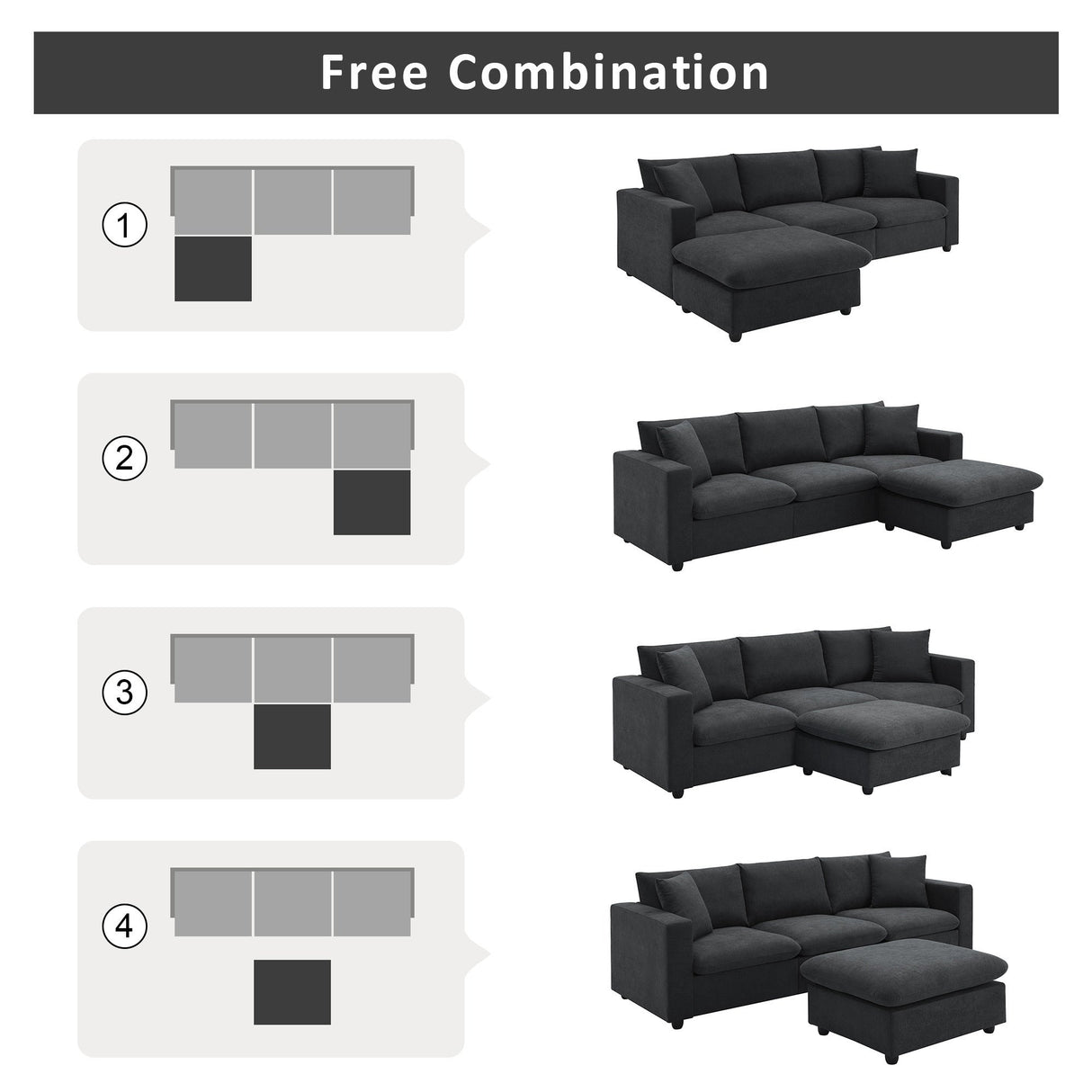 Chenille Black Modern L-shape Sectional Sofa Ottoman-sofa-Parc Decor