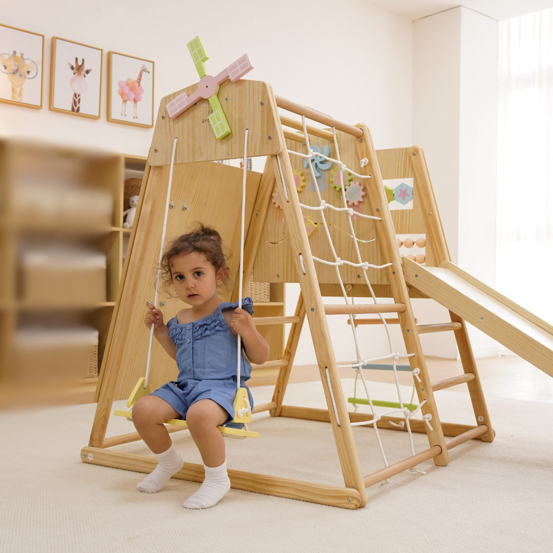 Cherry | 5-in-1 Wooden Indoor Climbing Gym with Slide for Toddlers