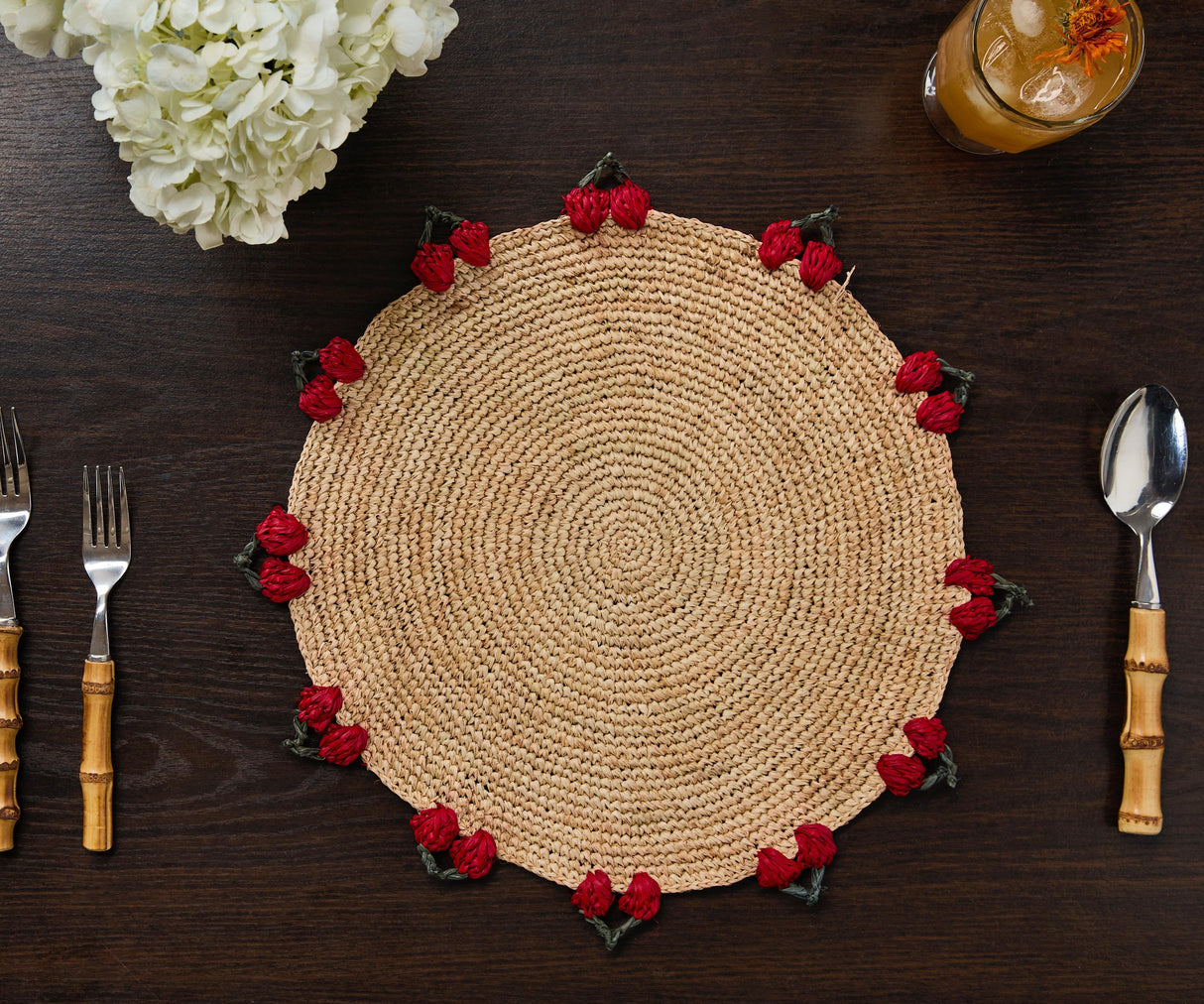 Cherry Scalloped Edge Placemat – 14” Hand-Crocheted Raffia – Artisan Summer Table Decor – Coastal & Boho Dining-table tops-Parc Decor