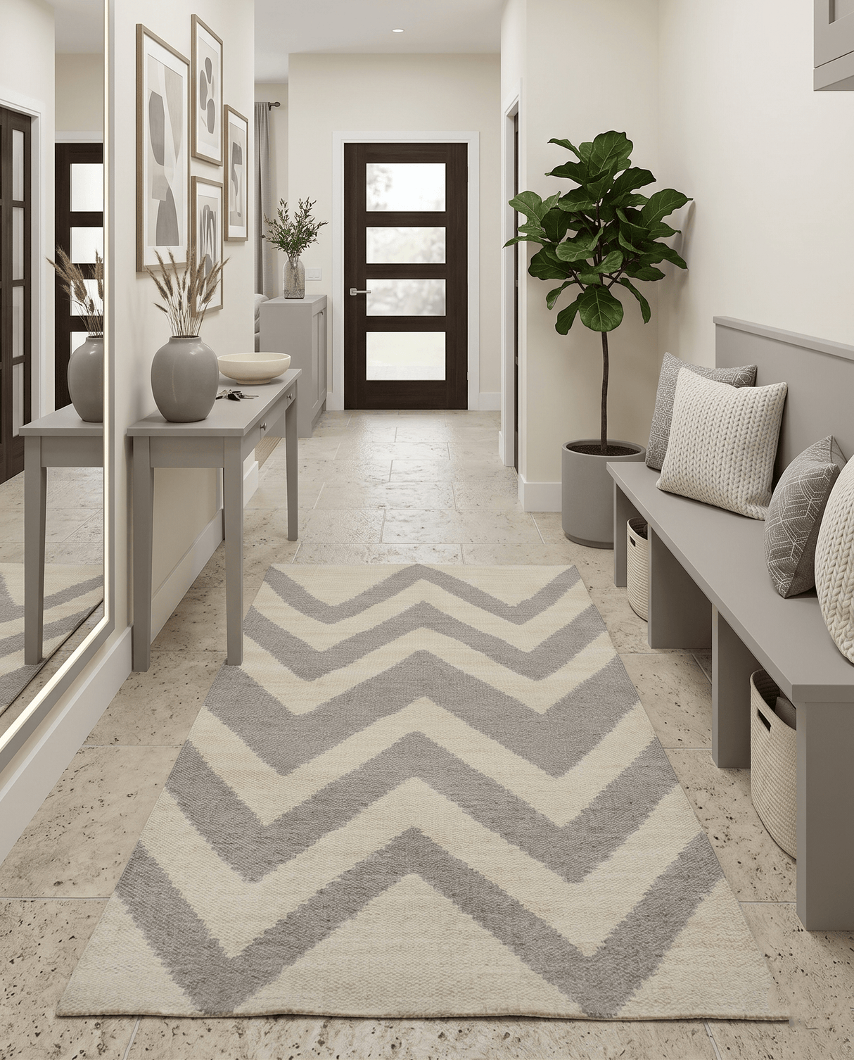 Chevron Pattern Gray and Beige Dhurrie Rug