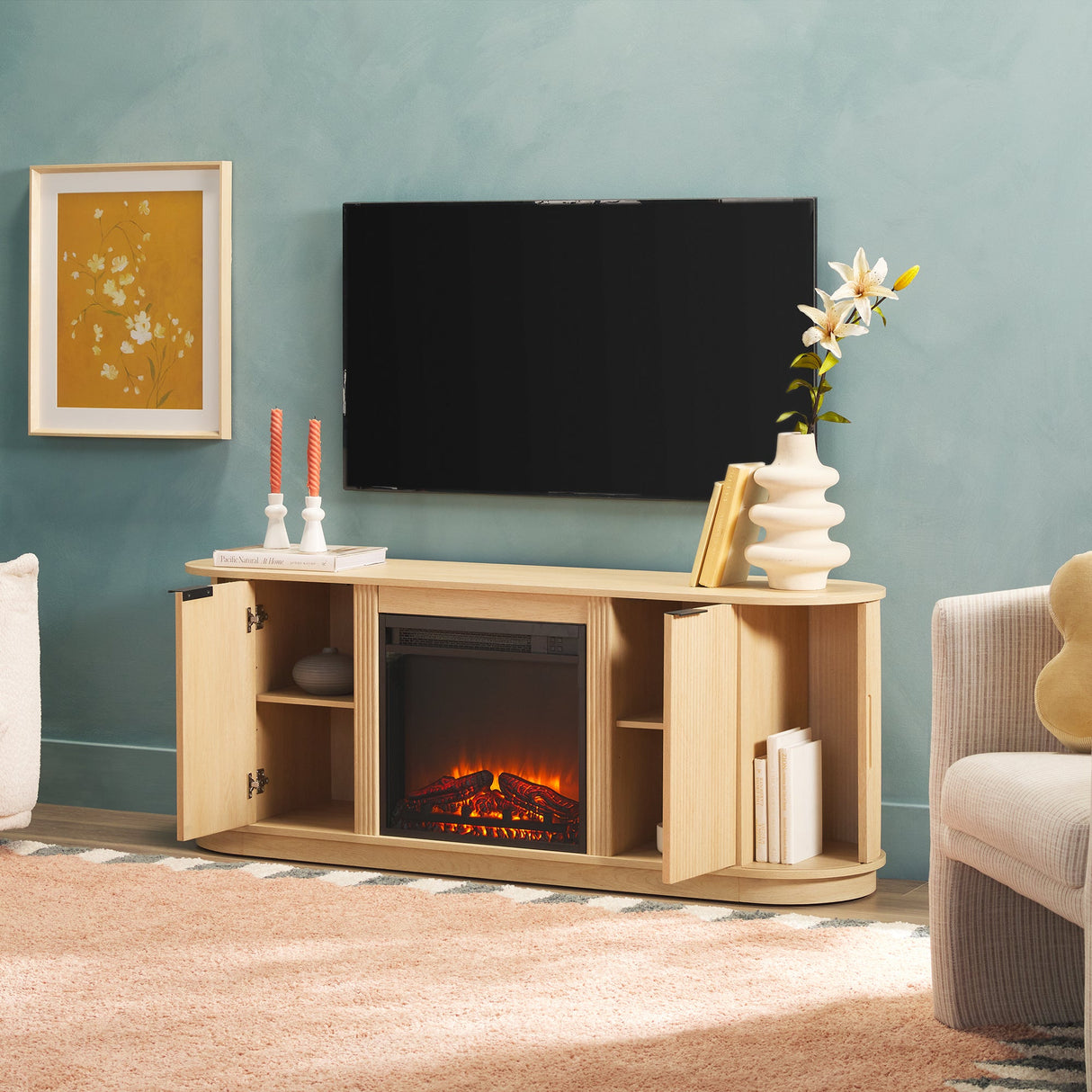 Chloe Modern Scandinavian Reeded Fireplace TV Stand in 2 Sizes-Fireplace-Parc Decor