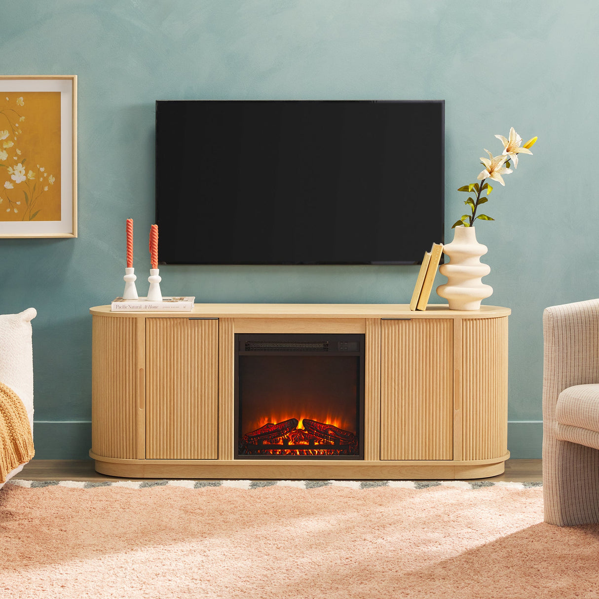 Chloe Modern Scandinavian Reeded Fireplace TV Stand in 2 Sizes-Fireplace-Parc Decor