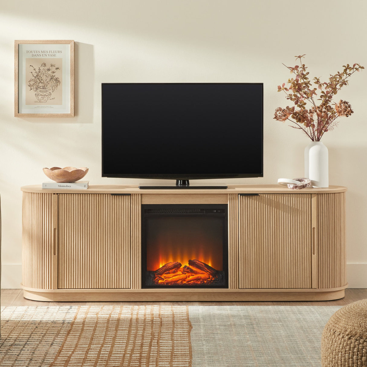 Chloe Modern Scandinavian Reeded Fireplace TV Stand in 2 Sizes-Fireplace-Parc Decor